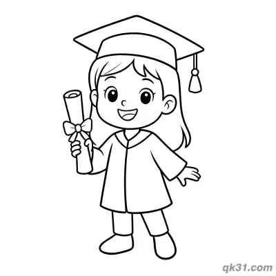 短发毕业女孩拿蝴蝶结证书简笔画涂色页 – 免费可打印简笔画涂色画