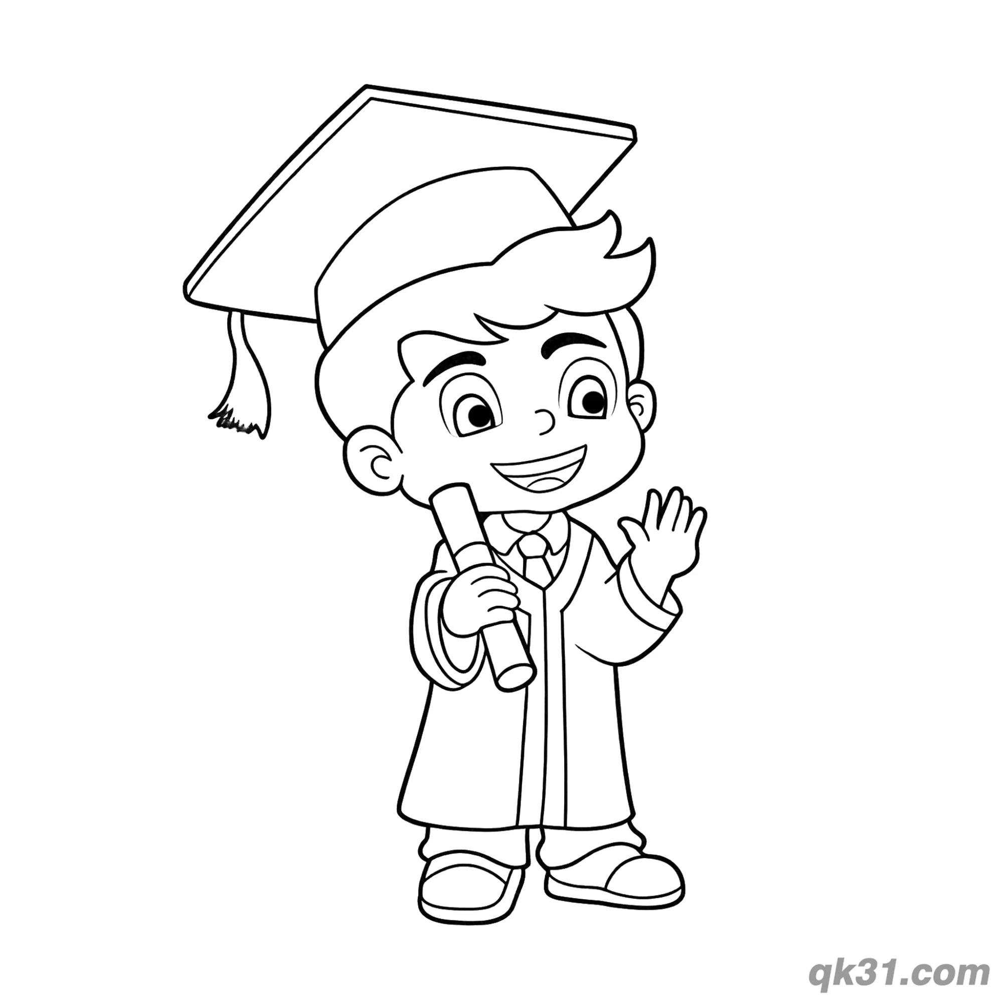 免费 微笑毕业男孩拿证书挥手简笔画涂色页 简笔画涂色页