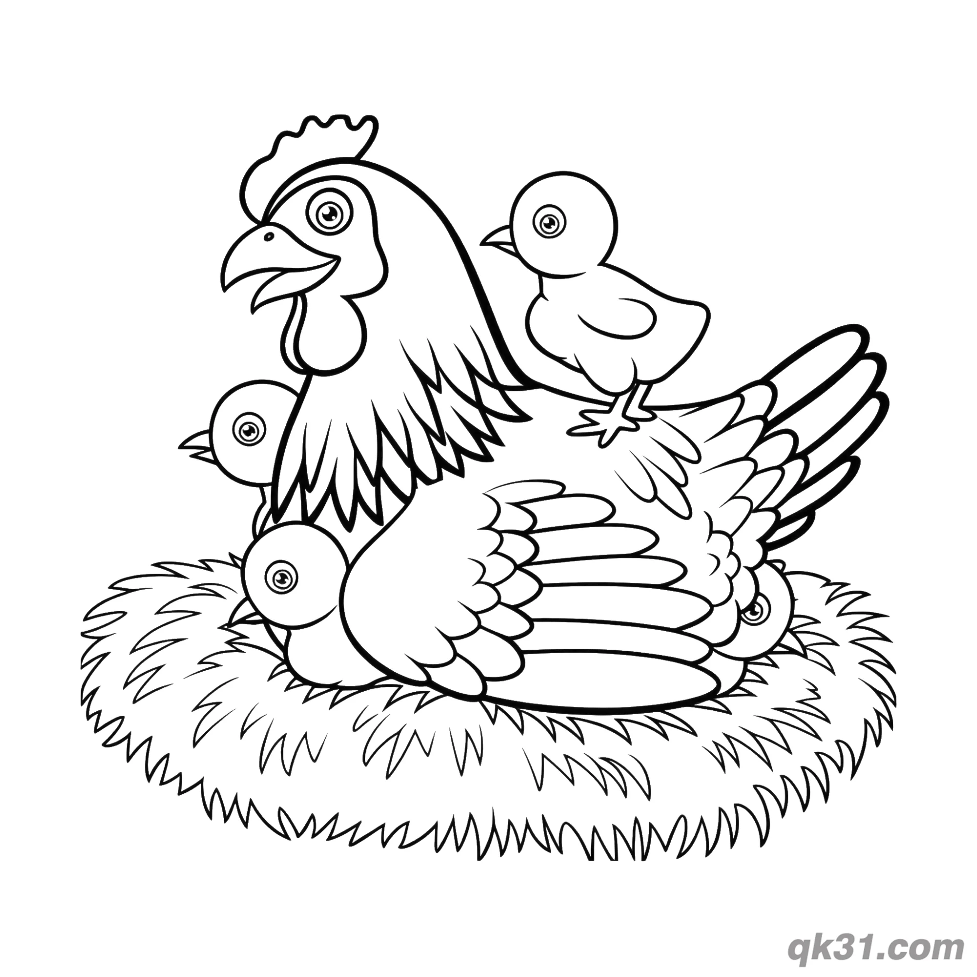 免费 母鸡妈妈和巢中小鸡母亲节简笔画涂色页 简笔画涂色页