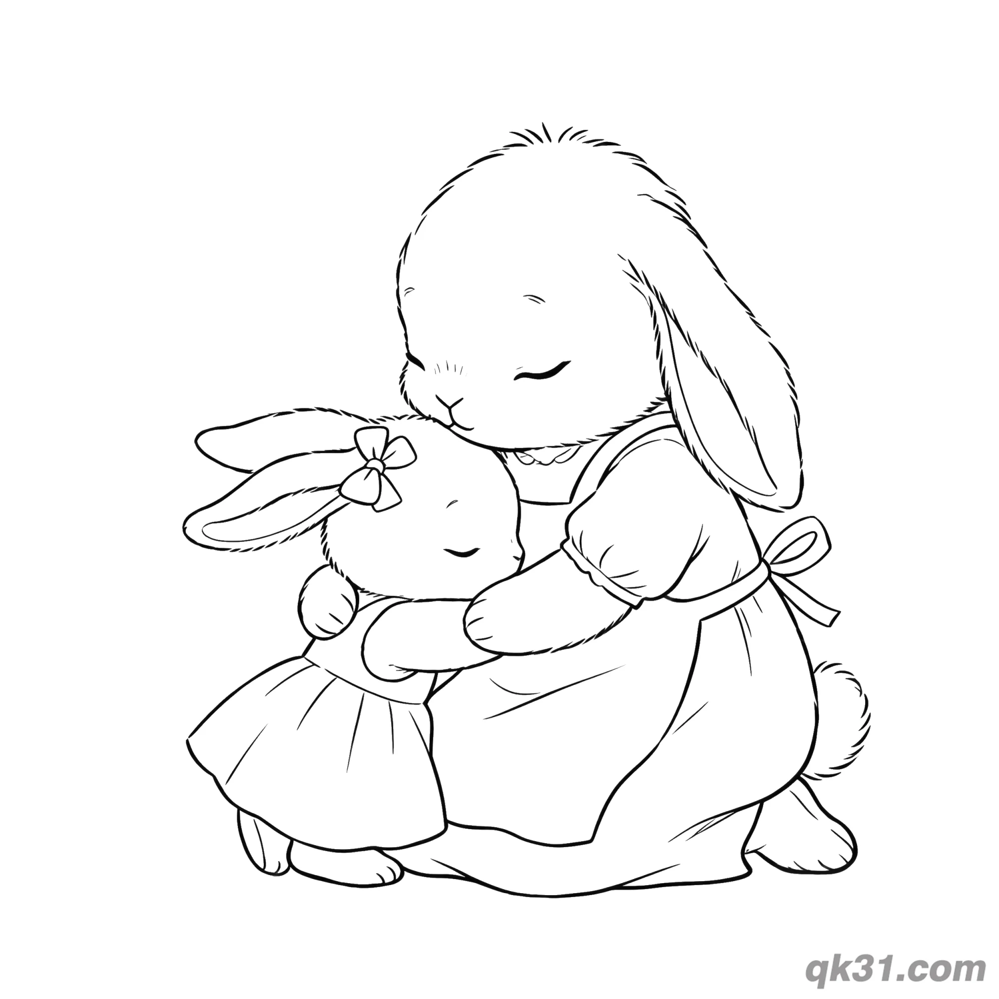 免费 拥抱的兔妈妈和宝宝母亲节简笔画涂色页 简笔画涂色页
