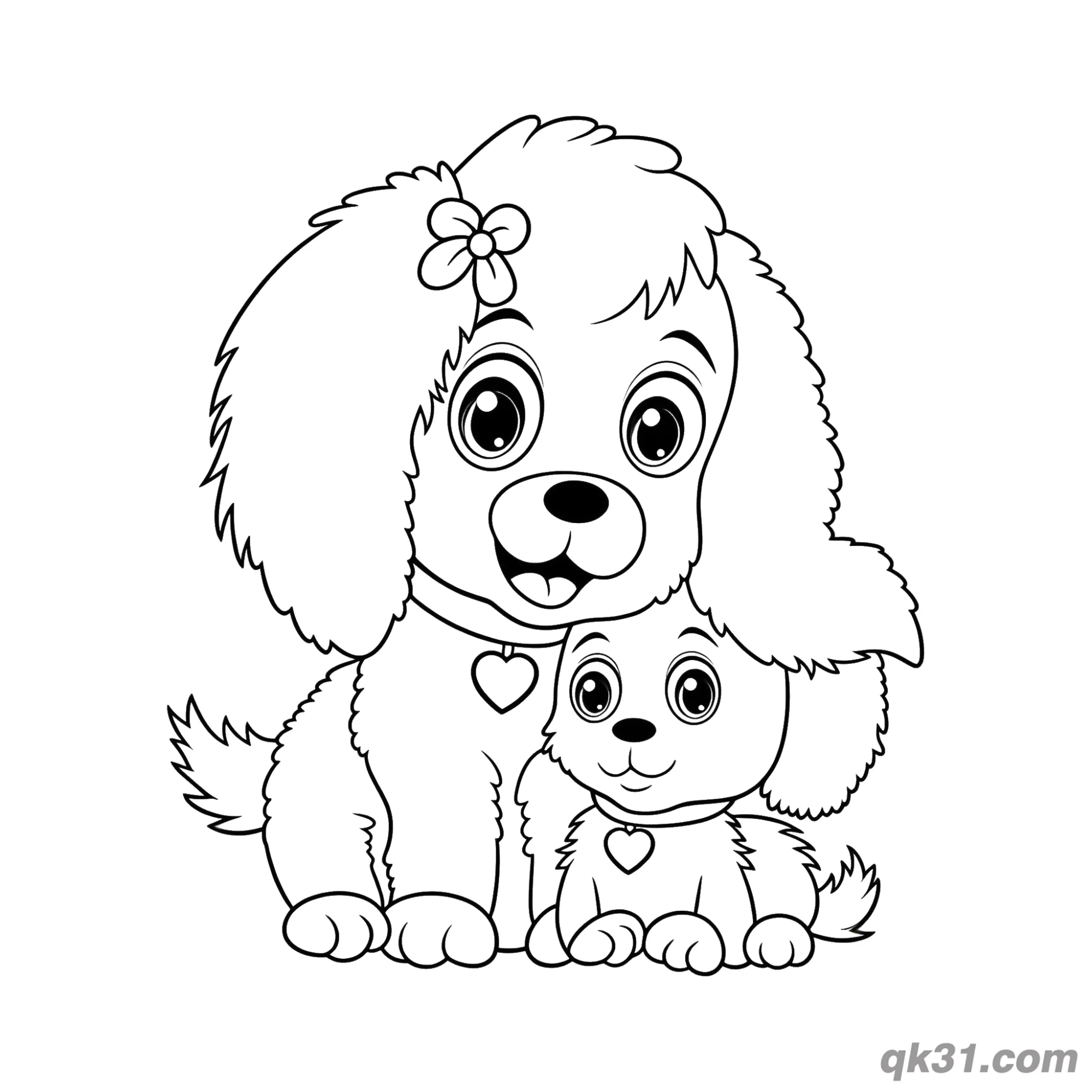 免费 贵宾犬妈妈和小狗“我爱妈妈”母亲节简笔画涂色页 简笔画涂色页