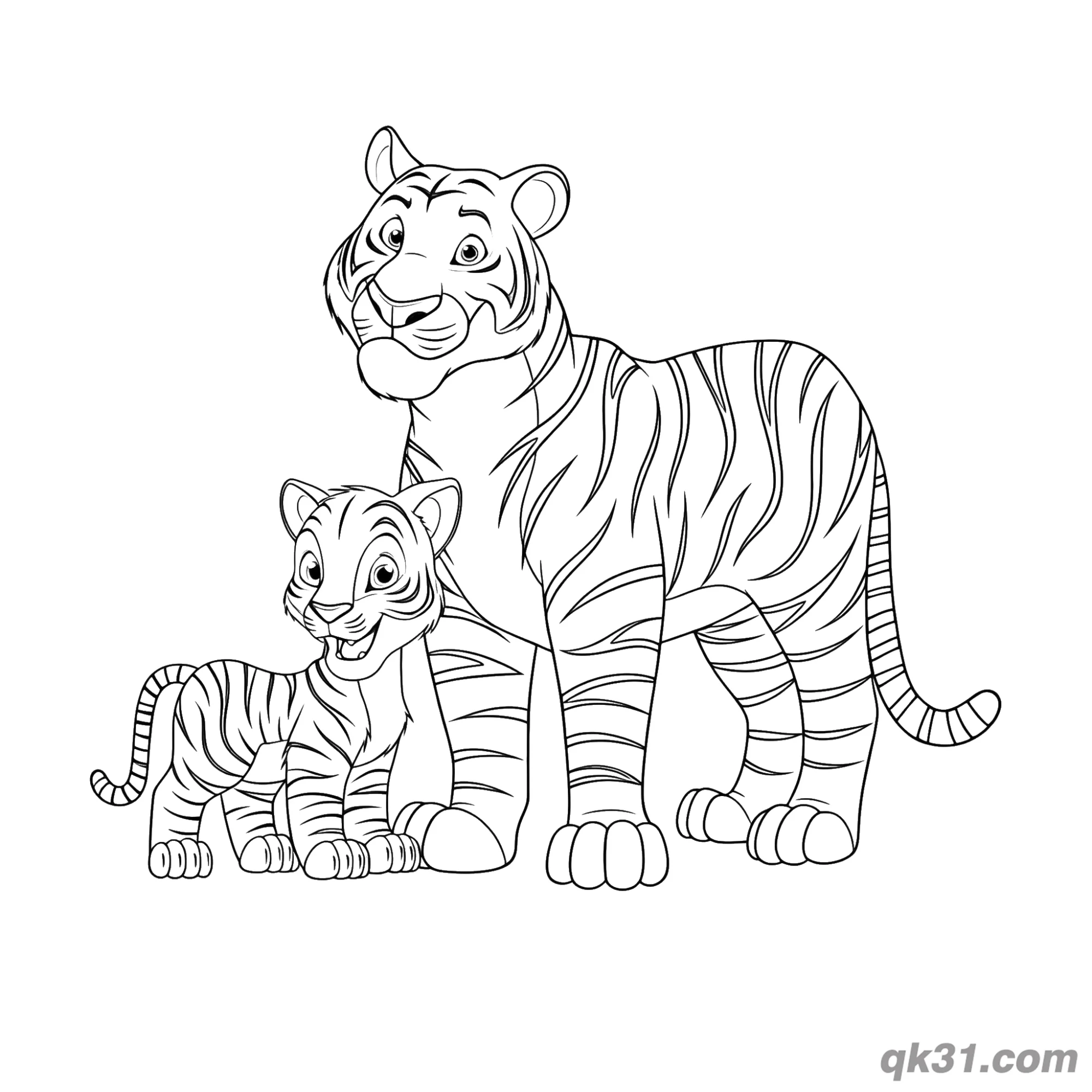 免费 老虎妈妈和幼崽母亲节简笔画涂色页 简笔画涂色页