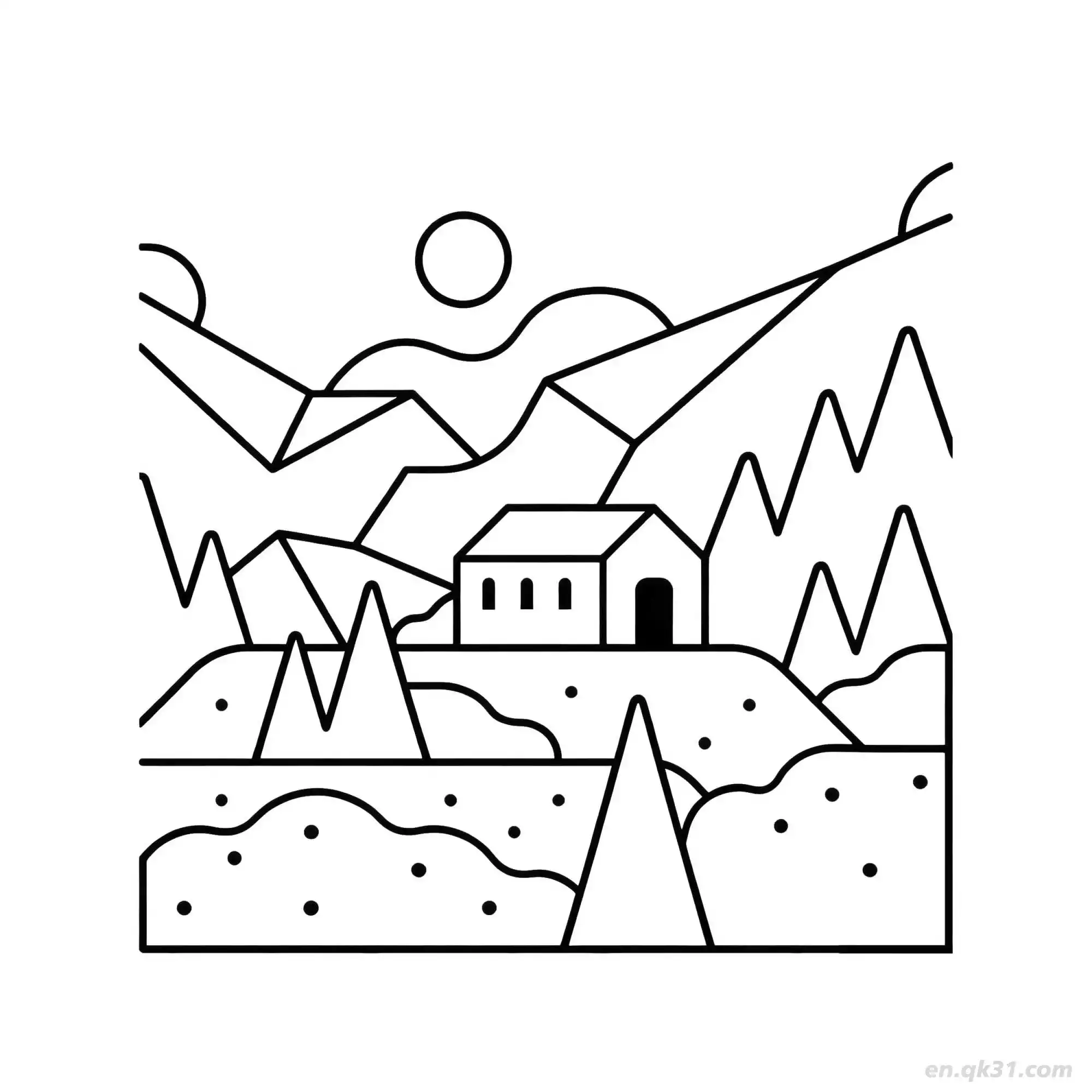 免费 山景小屋 简笔画 素描 涂鸦 - 免费可打印 房子简笔画 下载PDF 简笔画涂色页