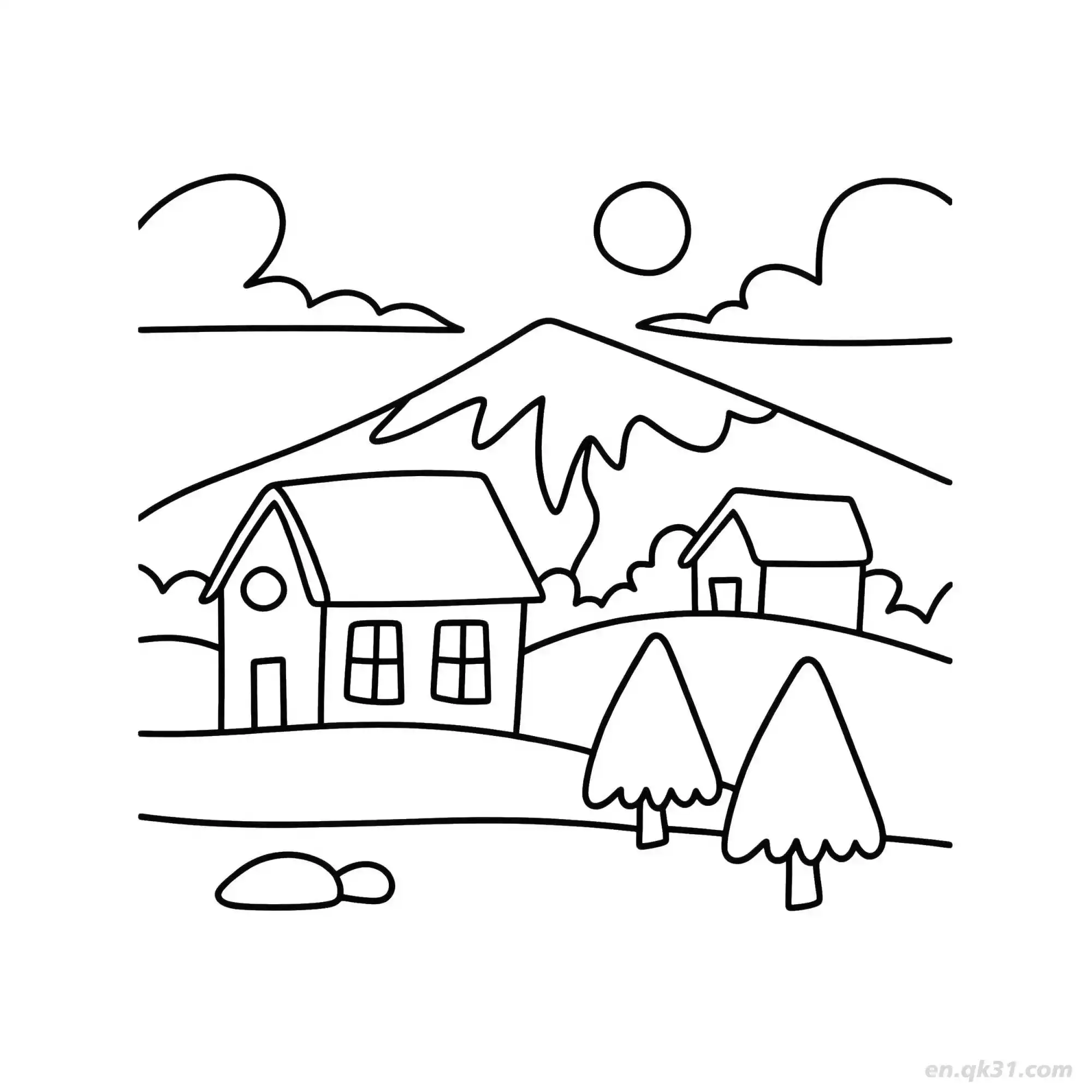 免费 简单山景房屋 简笔画 素描 涂鸦 - 免费可打印 房子简笔画 下载PDF 简笔画涂色页