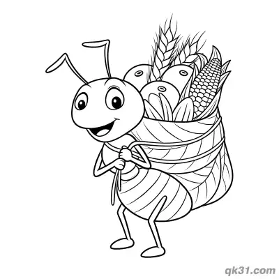 蚂蚁搬运粮食袋丰收简笔画涂色页 – 免费可打印简笔画涂色画