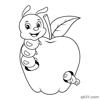 苹果洞中毛毛虫简笔画涂色页 – 免费可打印简笔画涂色画