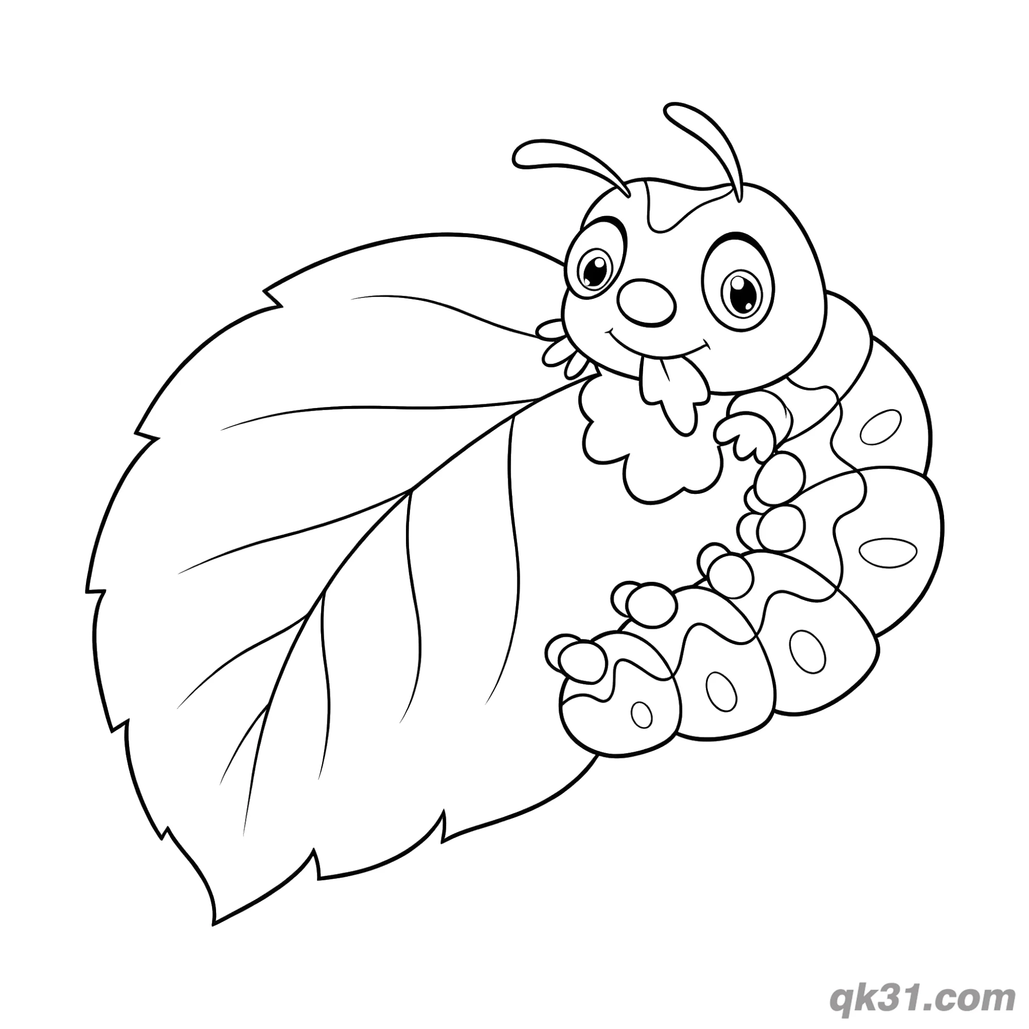 免费 大叶片上休息毛毛虫简笔画涂色页 简笔画涂色页