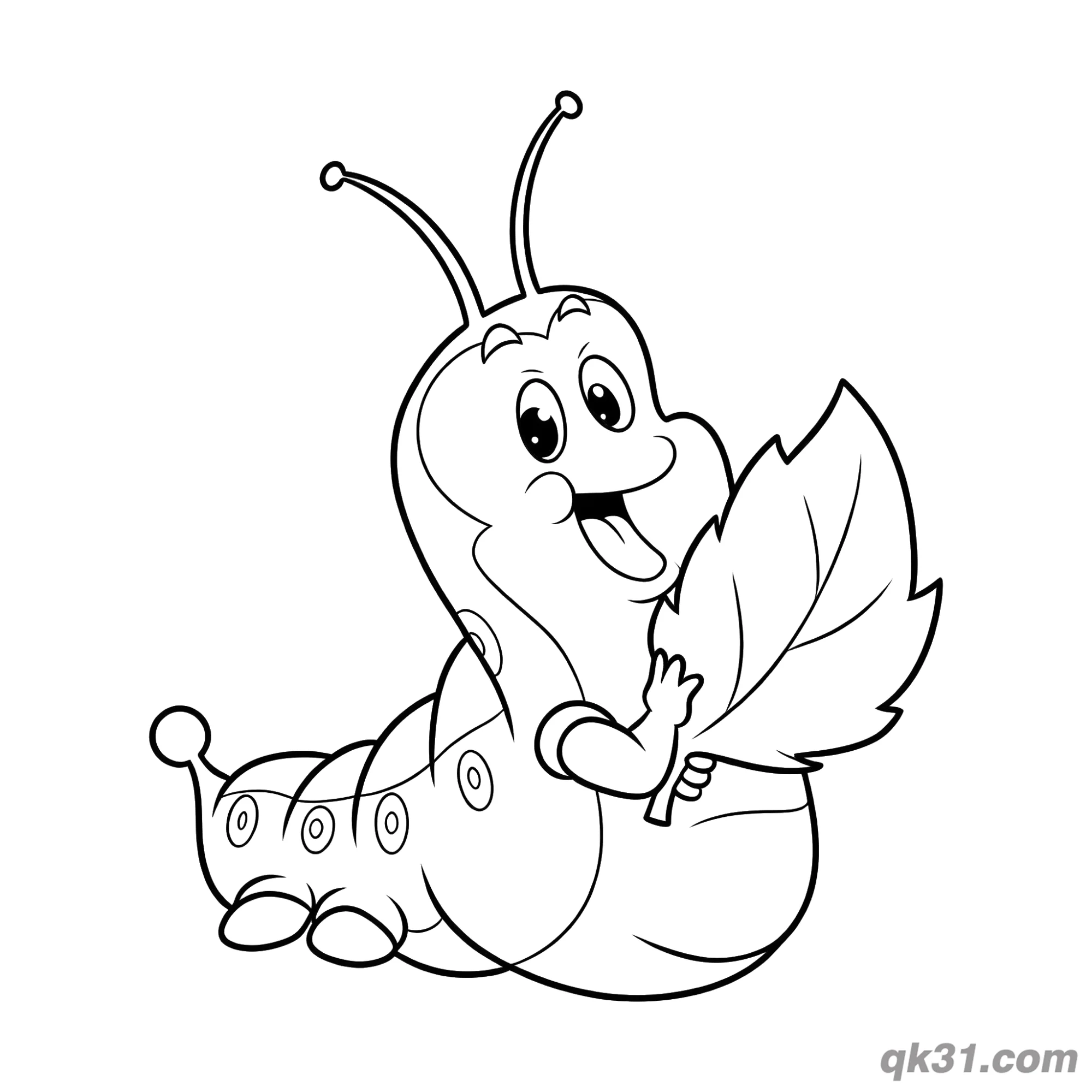 免费 开心抱树叶毛毛虫简笔画涂色页 简笔画涂色页