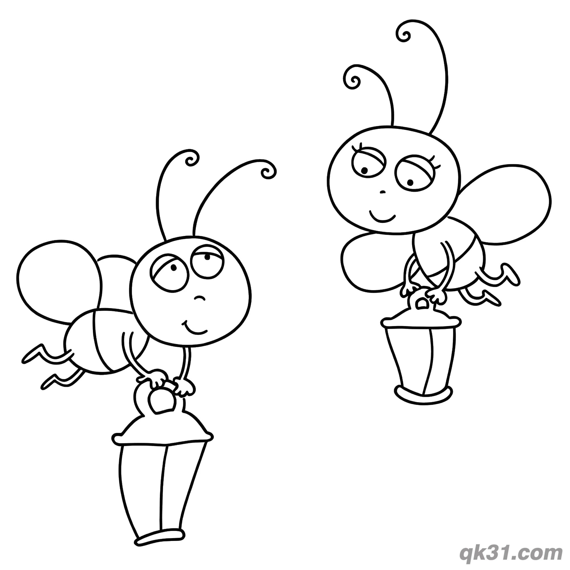 免费 双萤火虫提灯笼简笔画涂色页 简笔画涂色页