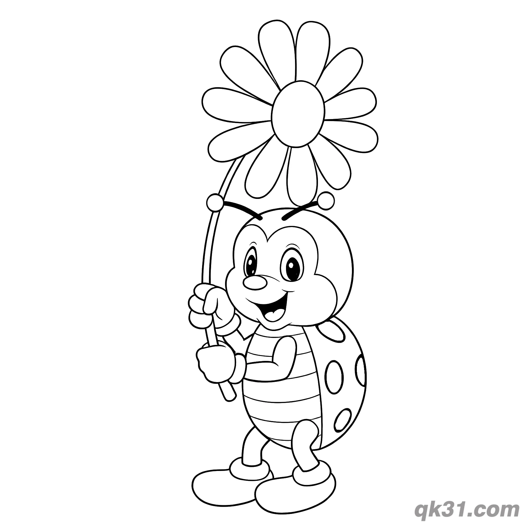 免费 高举花朵瓢虫简笔画涂色页 简笔画涂色页