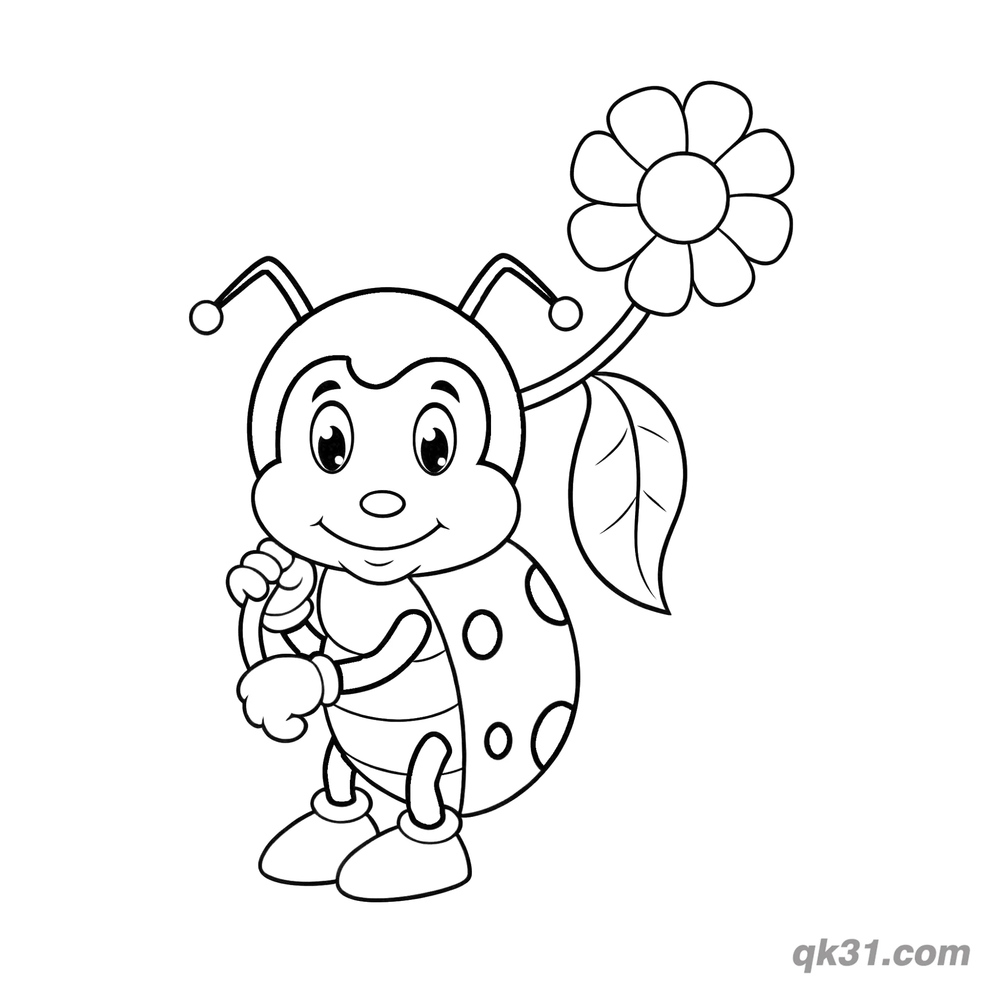 免费 站立持雏菊瓢虫简笔画涂色页 简笔画涂色页