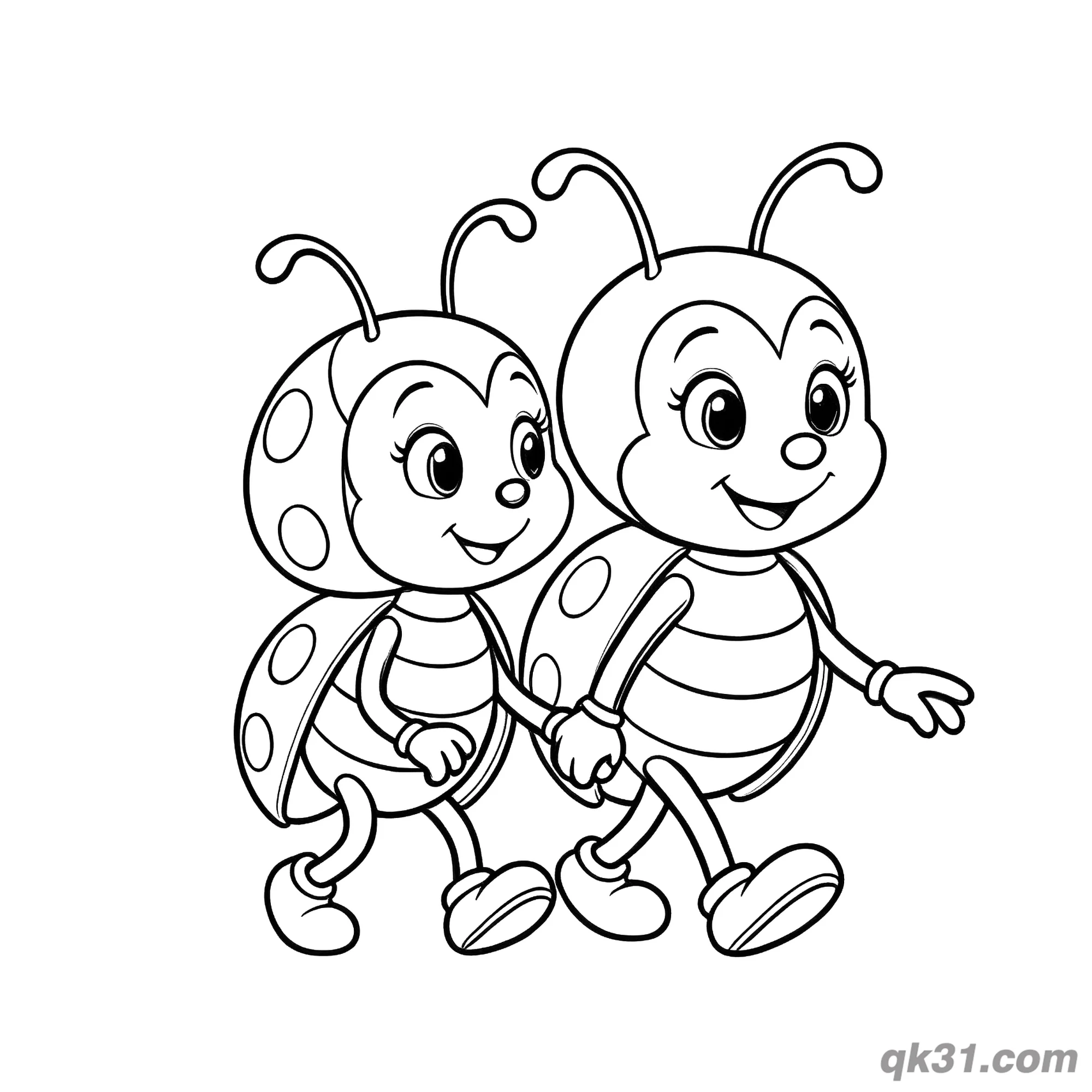 免费 双瓢虫牵手散步简笔画涂色页 简笔画涂色页