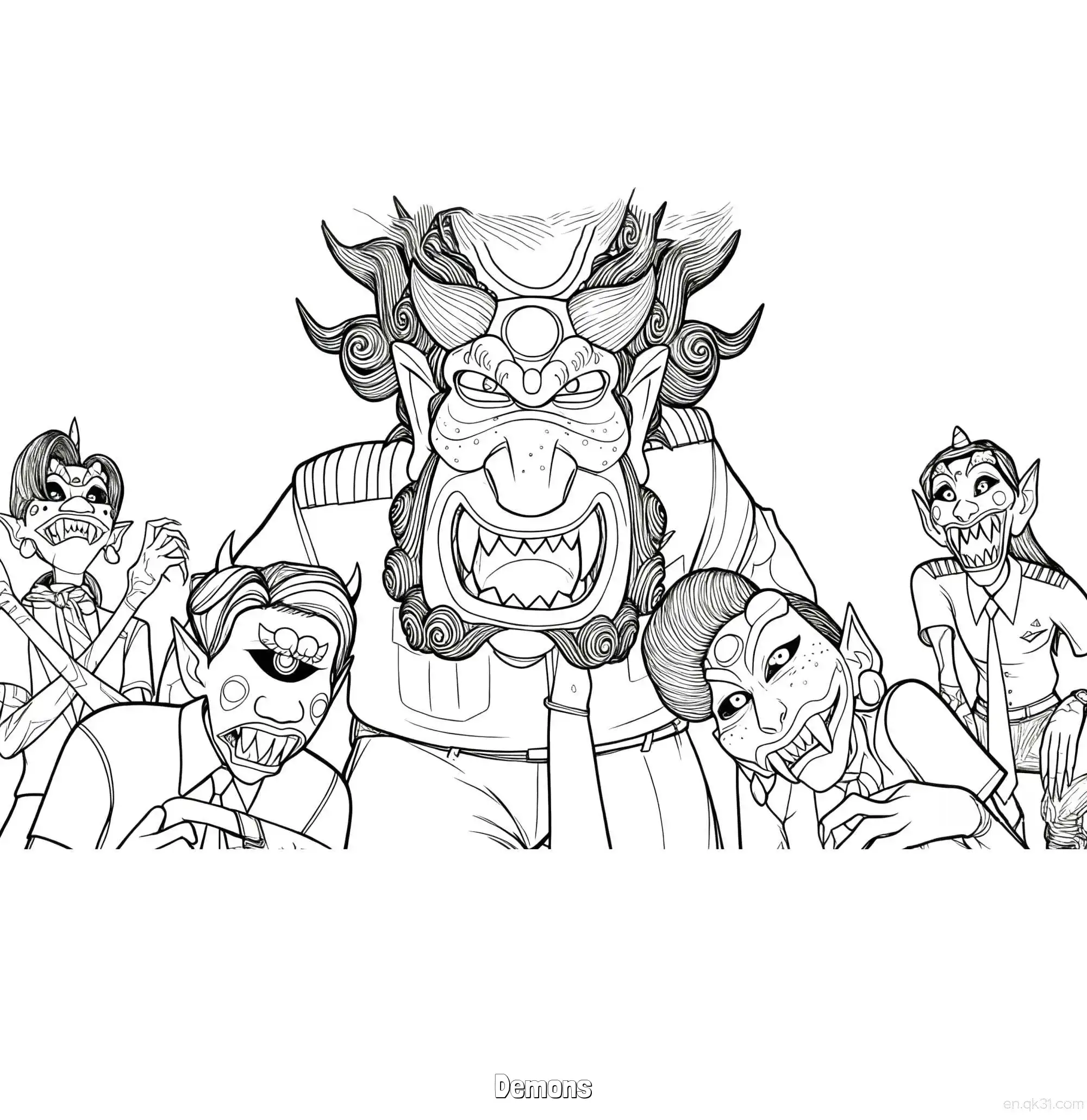 免费 猎魔女团恶魔群像黑白线稿涂色页 简笔画涂色页