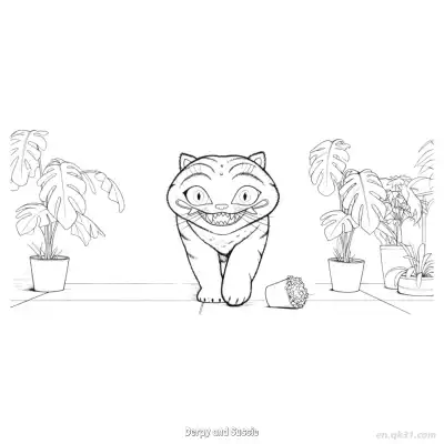 Derpy和Sussie呆萌猫咪与室内绿植涂色页 – 免费可打印简笔画涂色画