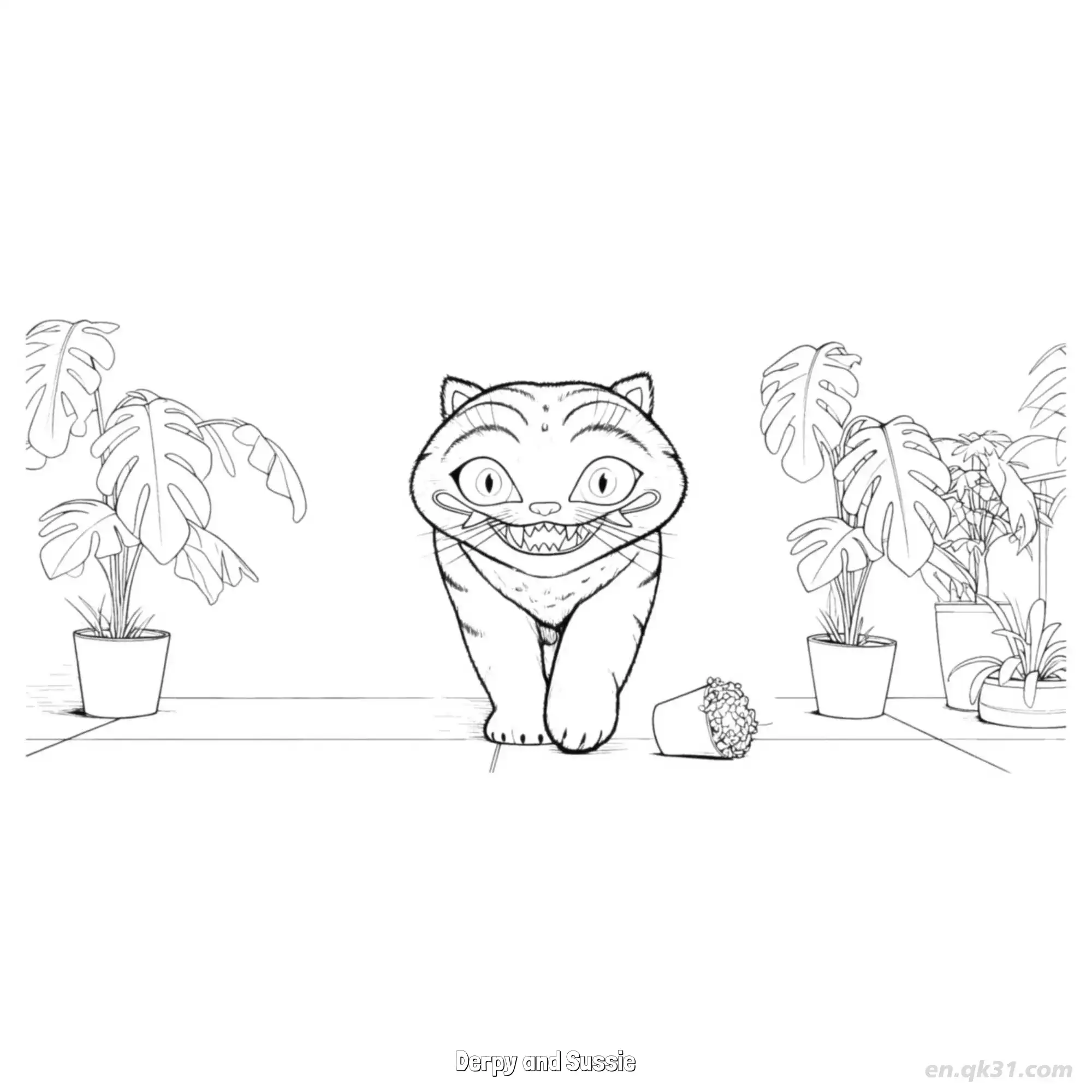 免费 Derpy和Sussie呆萌猫咪与室内绿植涂色页 简笔画涂色页
