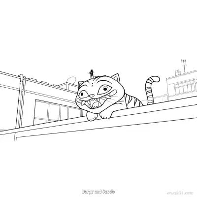 Derpy猫咪趴在墙头俯视涂色页 – 免费可打印简笔画涂色画