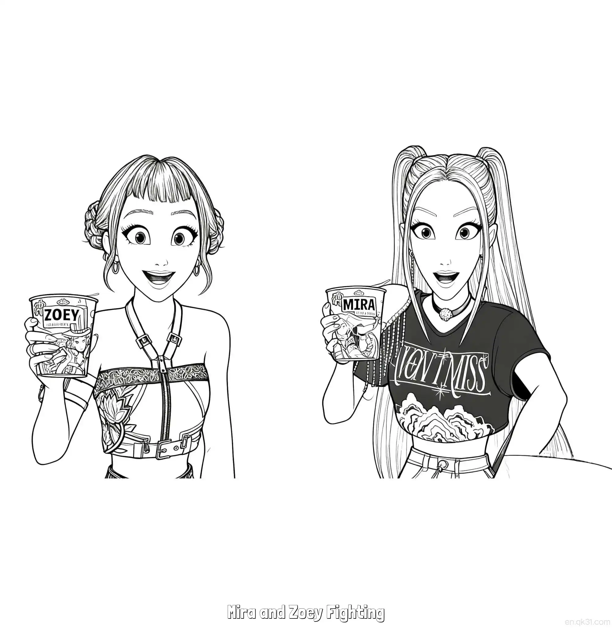 免费 米拉和佐依吃杯面搞笑涂色页 简笔画涂色页