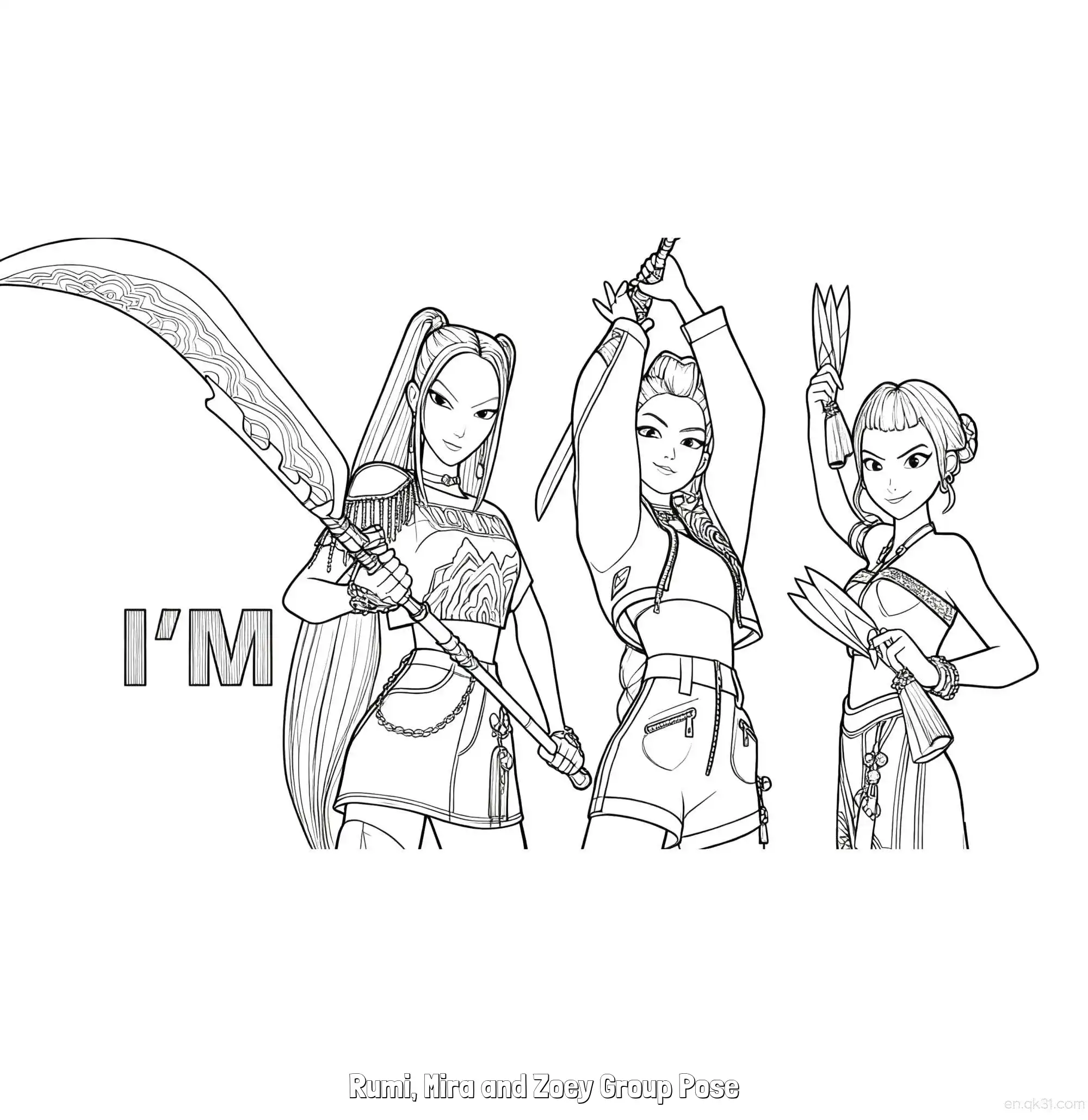 免费 猎魔女团三人持武器摆拍涂色页 简笔画涂色页