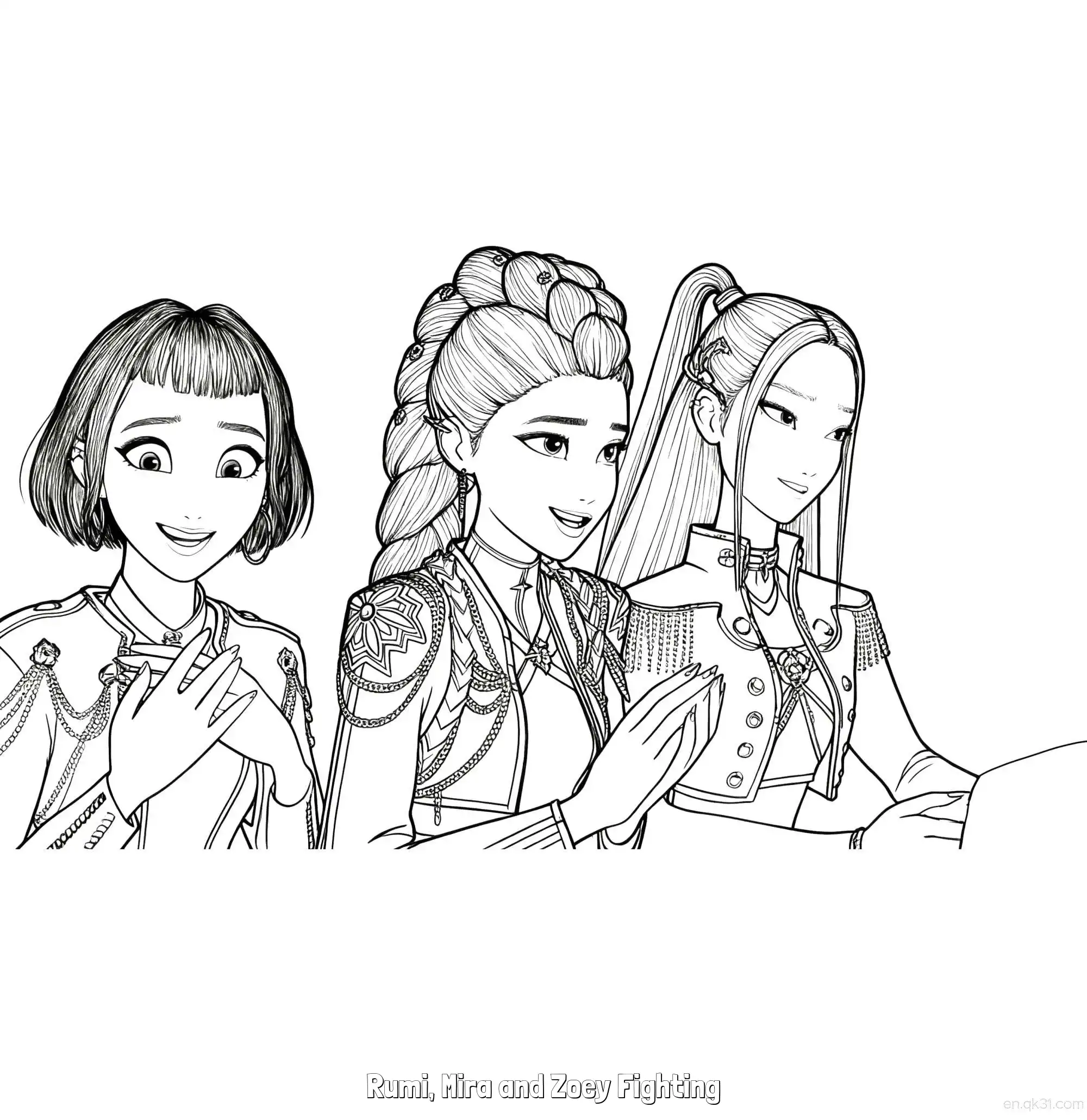 免费 猎魔女团三人军官制服鼓掌涂色页 简笔画涂色页