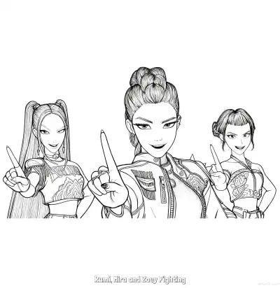 猎魔女团三人比胜利手势涂色页 – 免费可打印简笔画涂色画