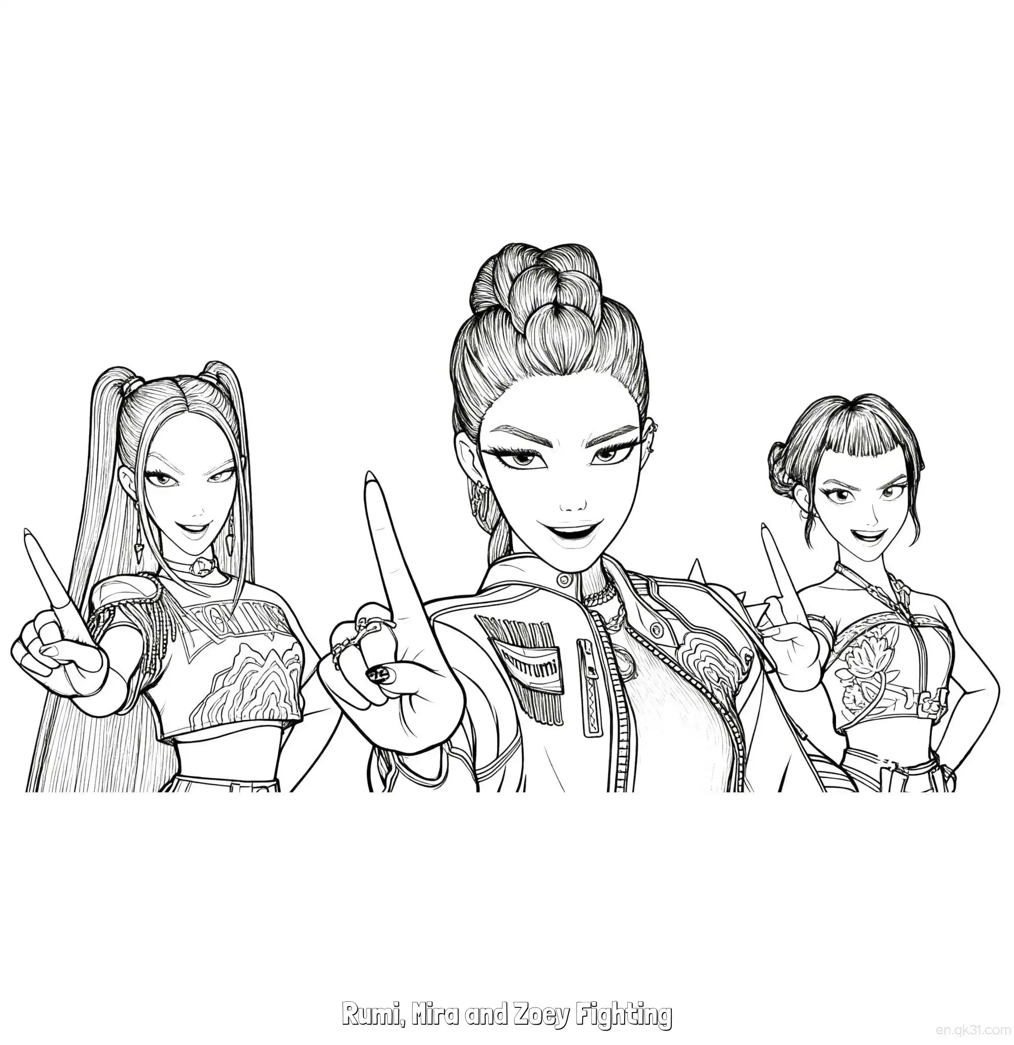 免费 猎魔女团三人比胜利手势涂色页 简笔画涂色页