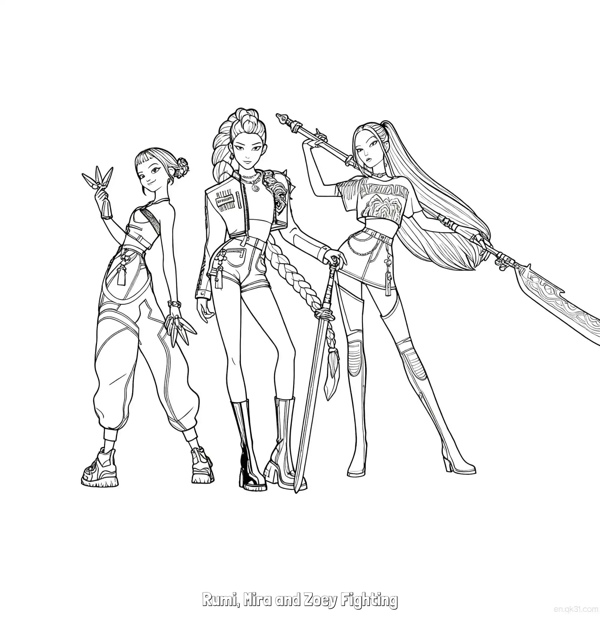 免费 猎魔女团三人全副武装帅气站姿涂色页 简笔画涂色页