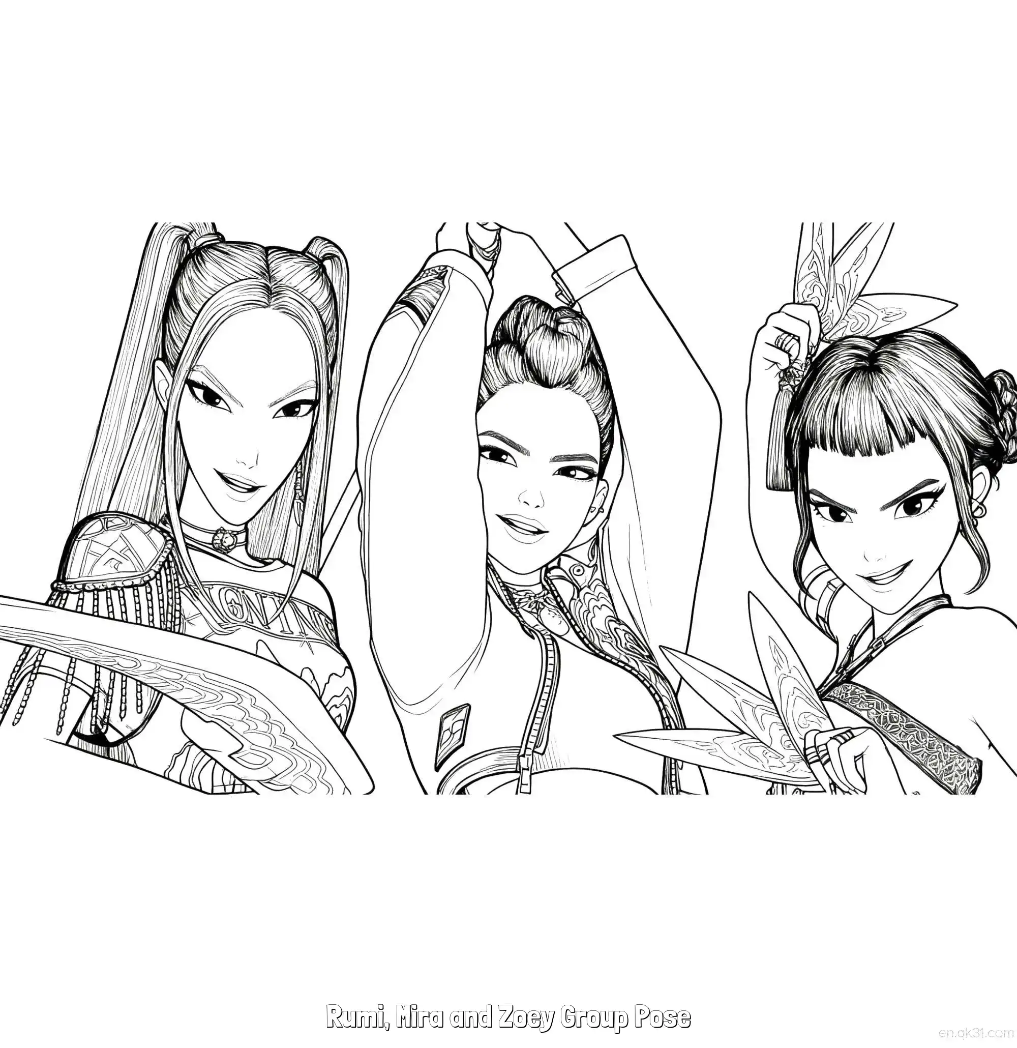 免费 猎魔女团三人面部特写微笑涂色页 简笔画涂色页