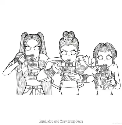 猎魔女团三人快速吃泡面搞笑涂色页 – 免费可打印简笔画涂色画