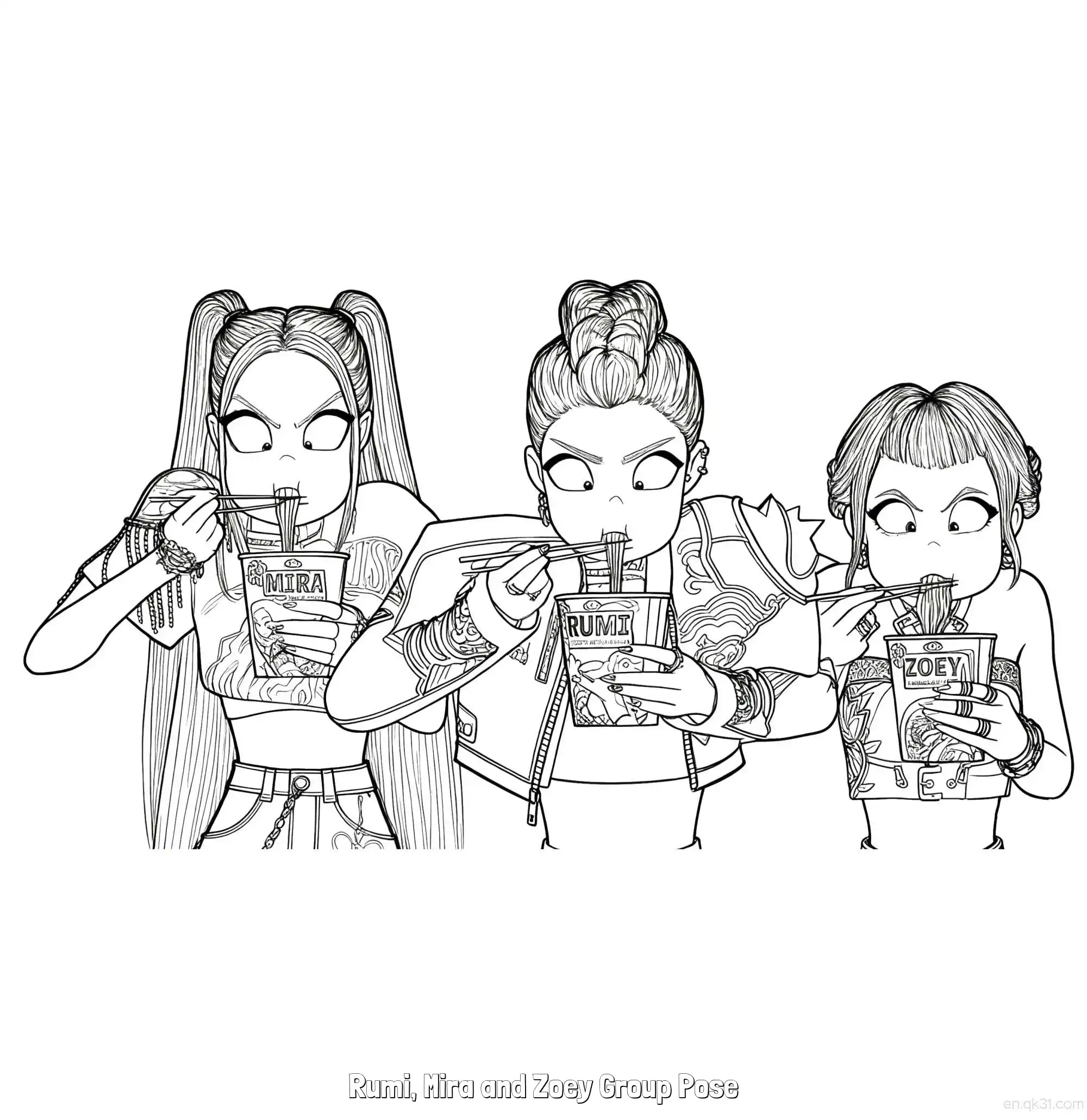 免费 猎魔女团三人快速吃泡面搞笑涂色页 简笔画涂色页