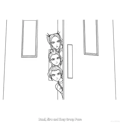 猎魔女团三人门缝探出头涂色页 – 免费可打印简笔画涂色画