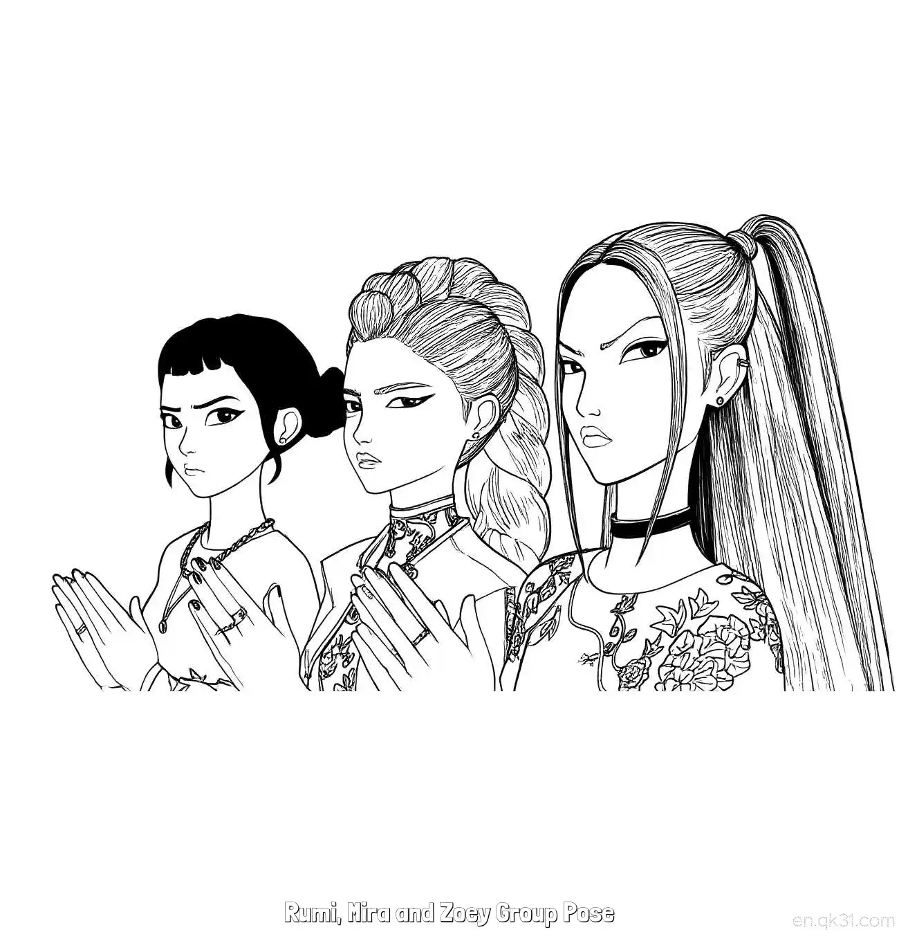 免费 猎魔女团三人双手合十侧面祈祷涂色页 简笔画涂色页