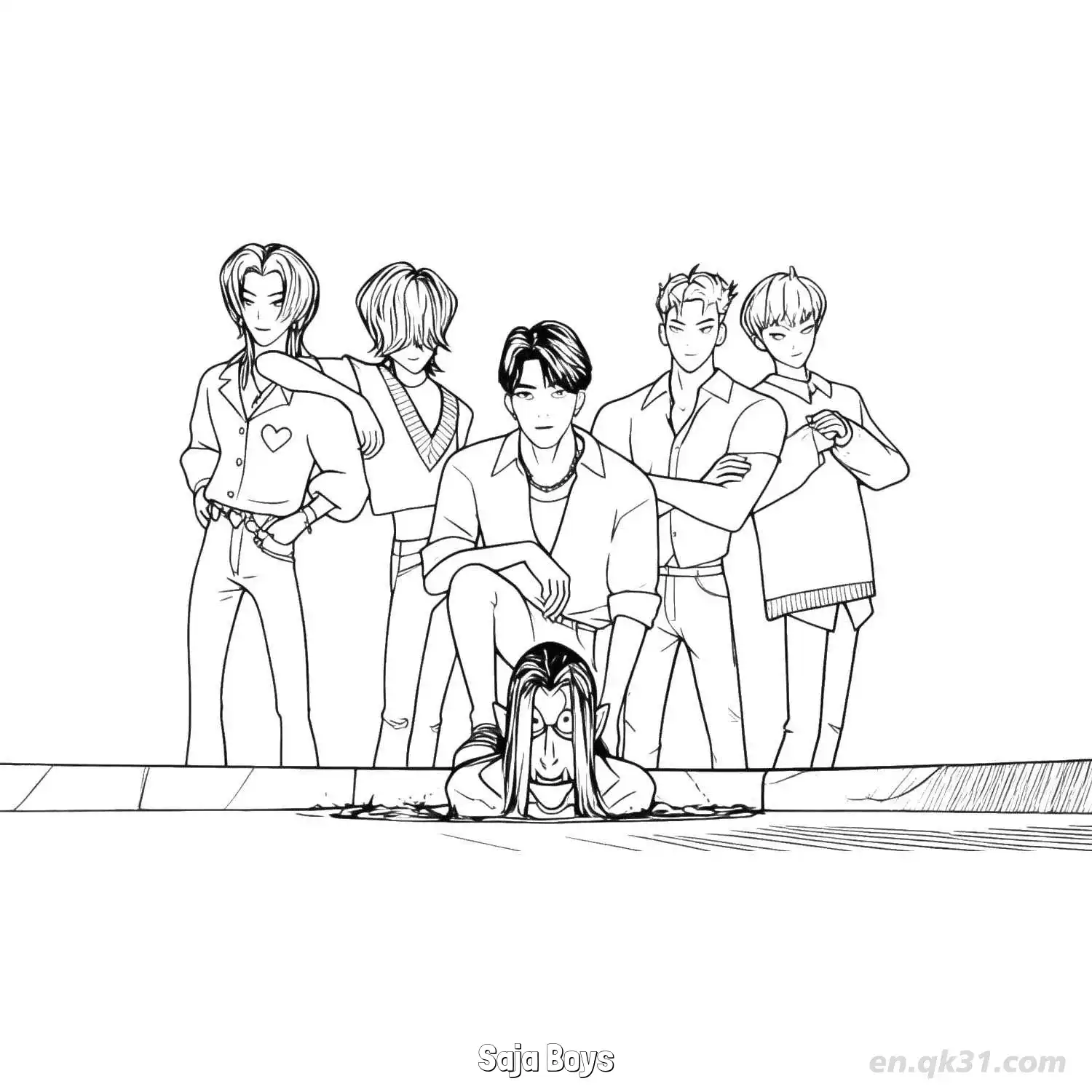 免费 猎魔男团五人组独特坐姿涂色页 简笔画涂色页