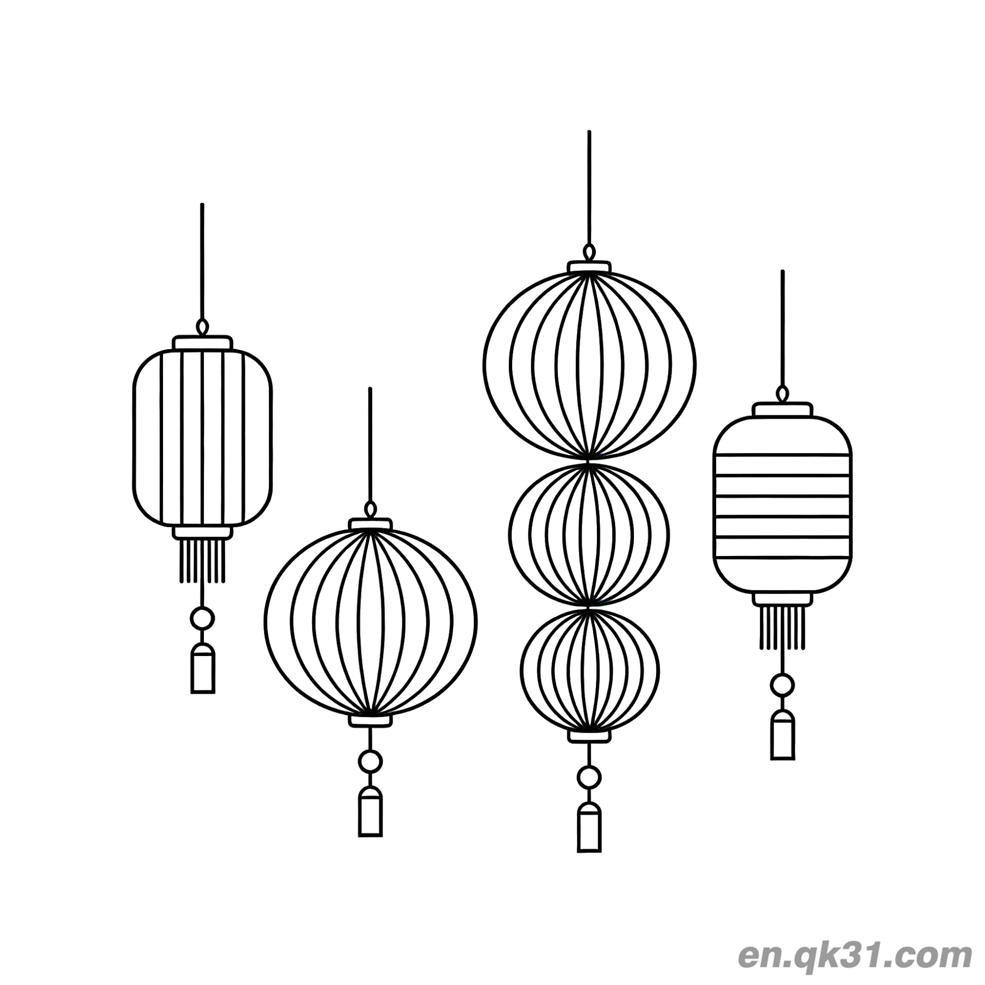 免费 四款不同形状灯笼套装涂色页 简笔画涂色页