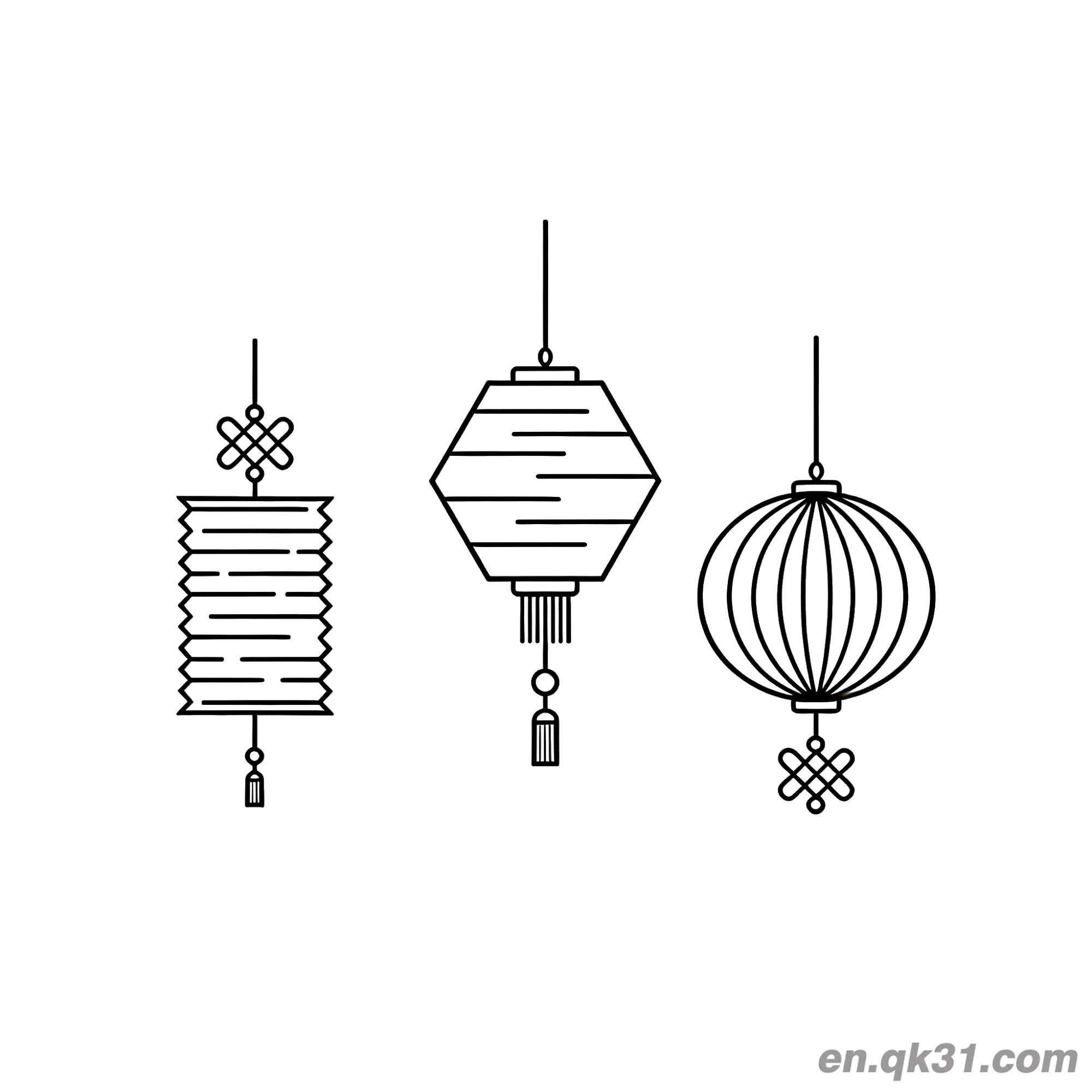 免费 三种不同形状灯笼涂色页 简笔画涂色页