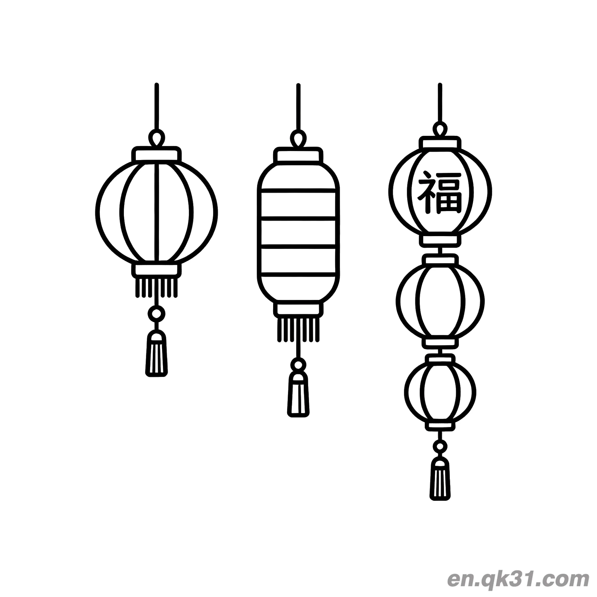 免费 三只福字灯笼涂色页 简笔画涂色页