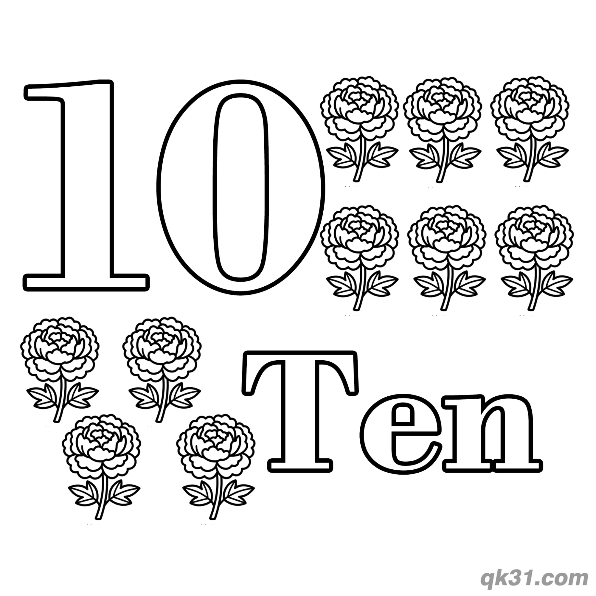 免费 数字10十朵盛开牡丹数数简笔画涂色页 简笔画涂色页