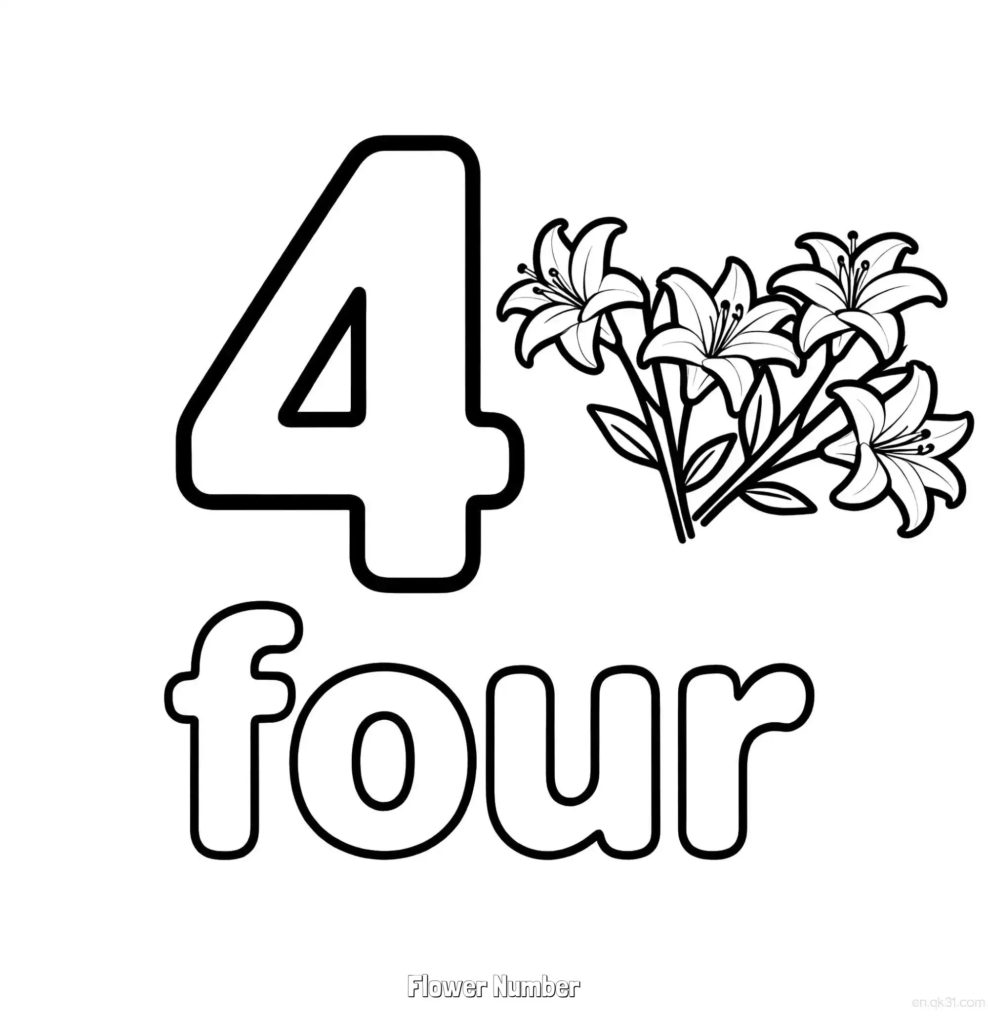 免费 花朵数字4 简笔画 素描 涂鸦 - 免费可打印数字涂色画 下载PDF 简笔画涂色页