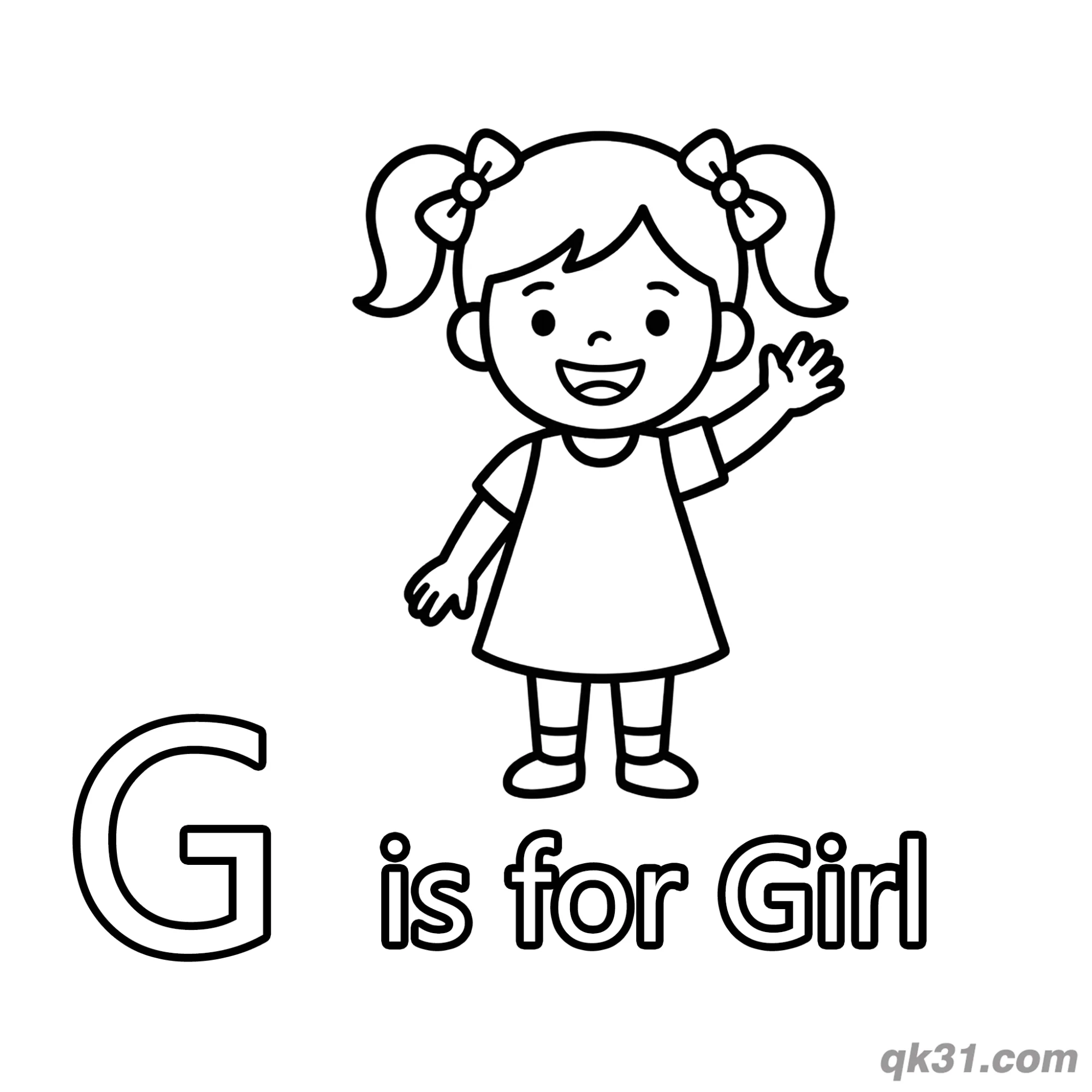 免费 字母G是女孩简笔画涂色页 简笔画涂色页