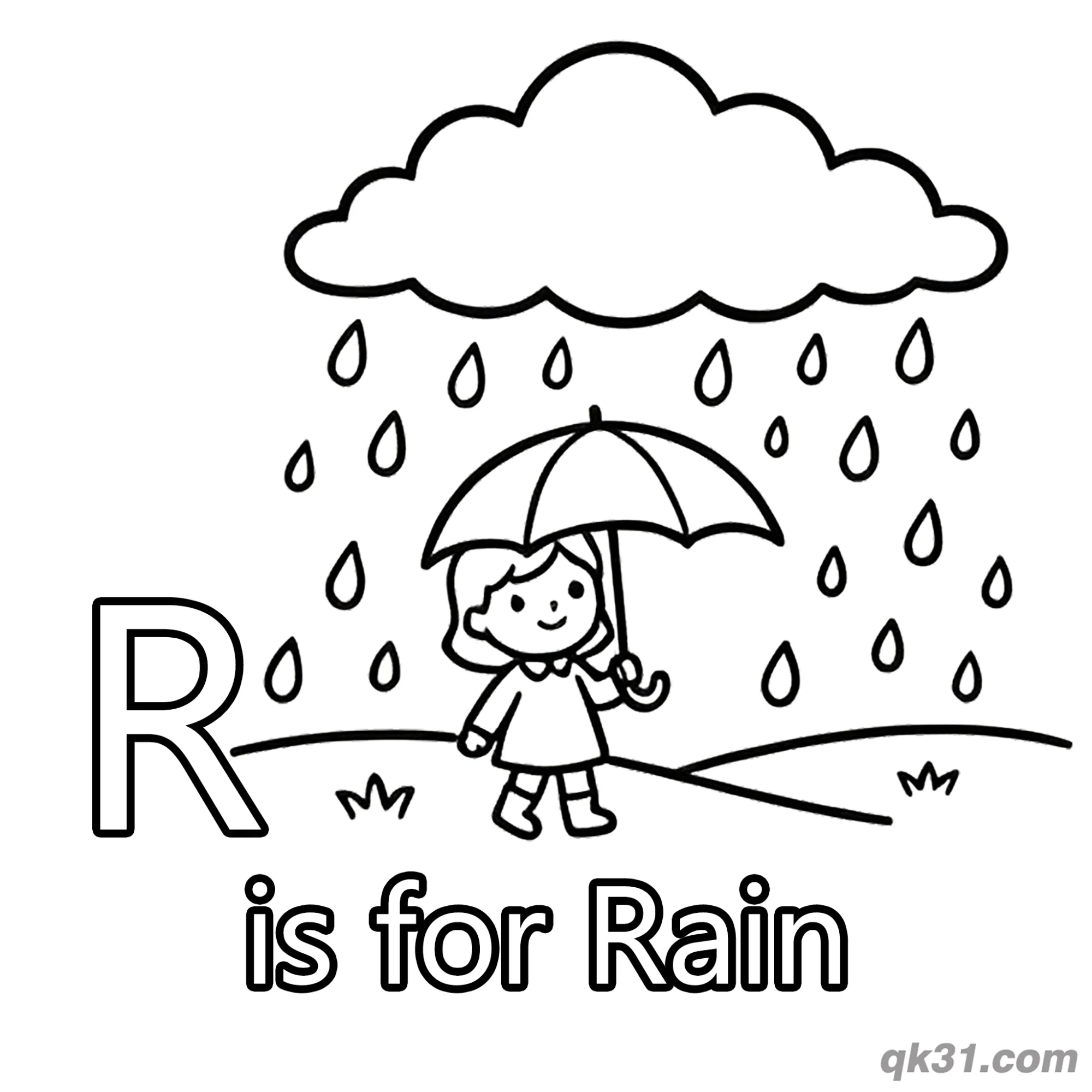 字母R是下雨简笔画涂色页简笔画涂色画 – 为儿童和成人提供的免费可打印简笔画涂色画