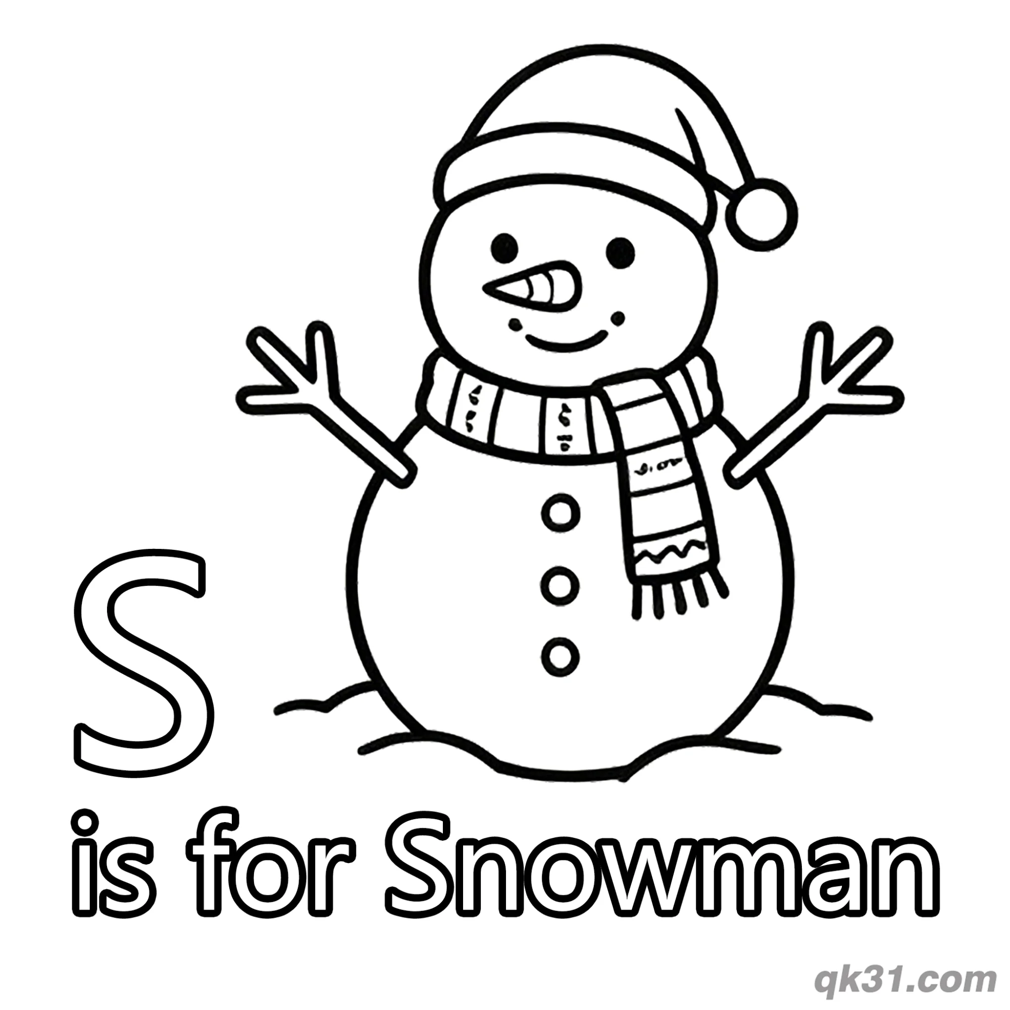 免费 字母S是雪人简笔画涂色页 简笔画涂色页