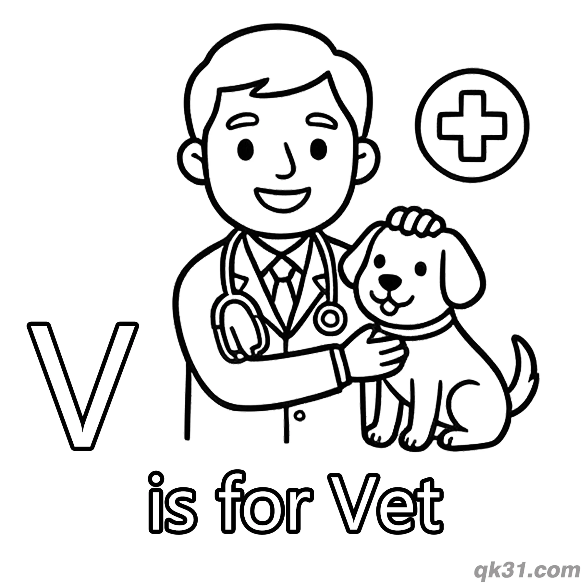 字母V是兽医简笔画涂色页简笔画涂色画 – 为儿童和成人提供的免费可打印简笔画涂色画