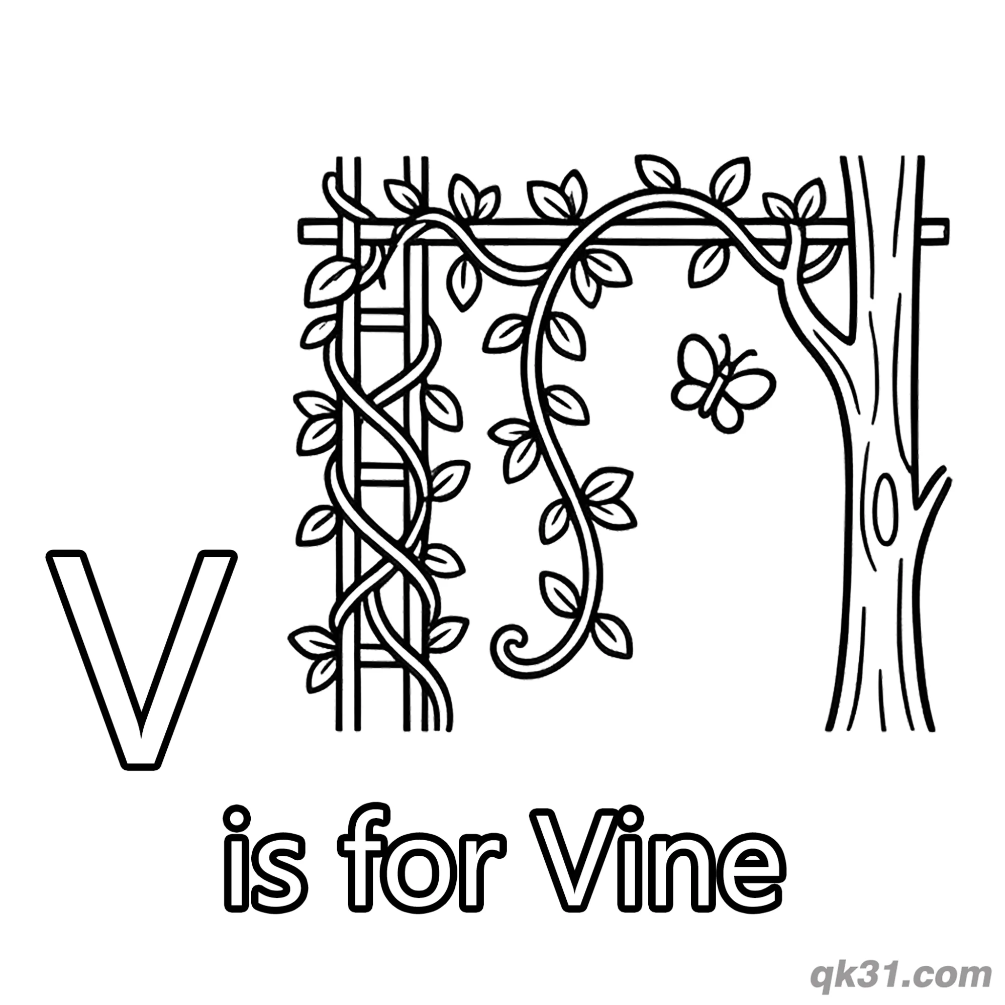 免费 字母V是藤蔓简笔画涂色页 简笔画涂色页
