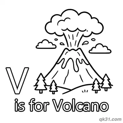 字母V是火山简笔画涂色页 – 免费可打印简笔画涂色画