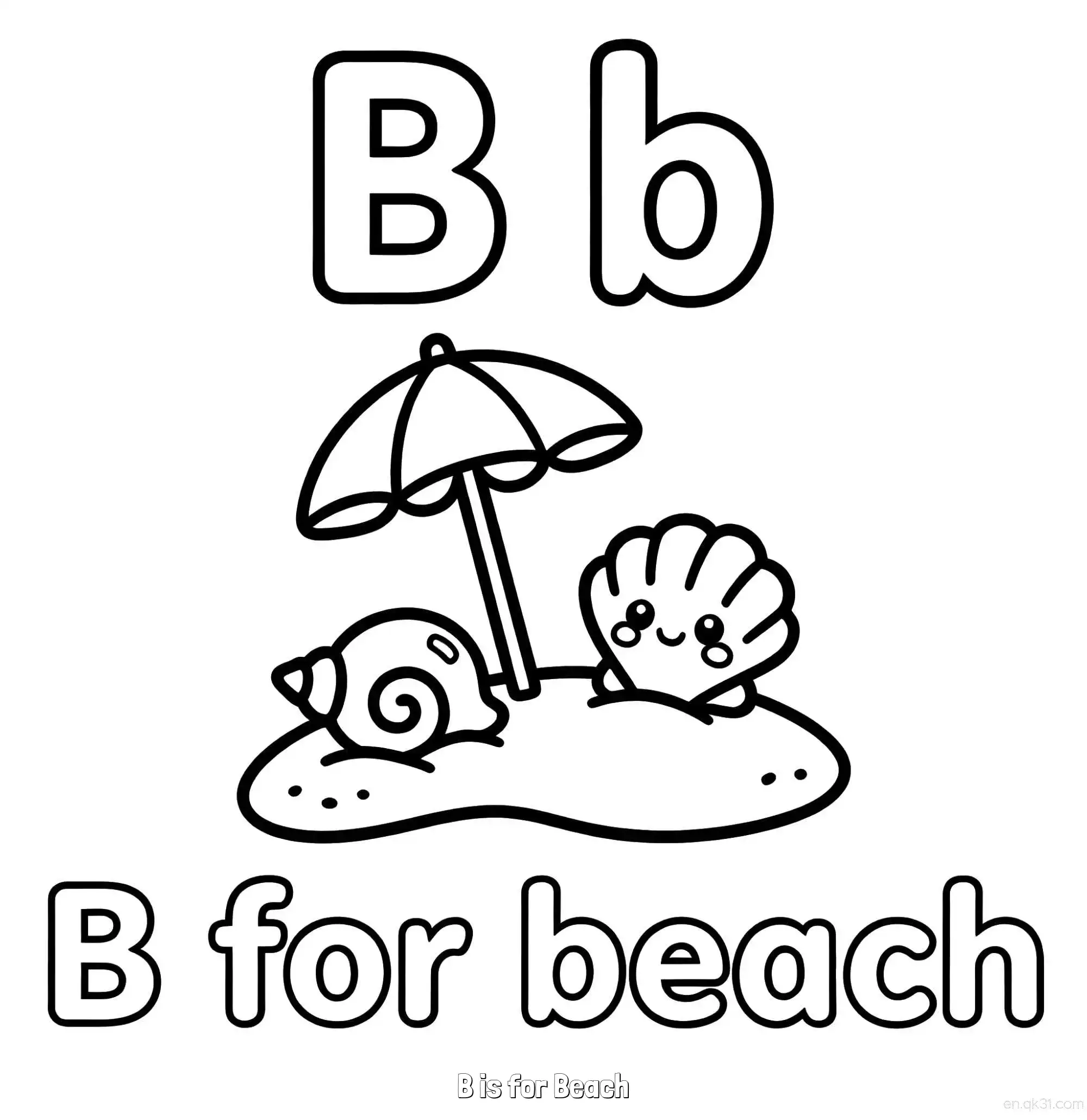 免费 B代表海滩 简笔画 素描 涂鸦 - 免费可打印认识英文字母 下载PDF 简笔画涂色页