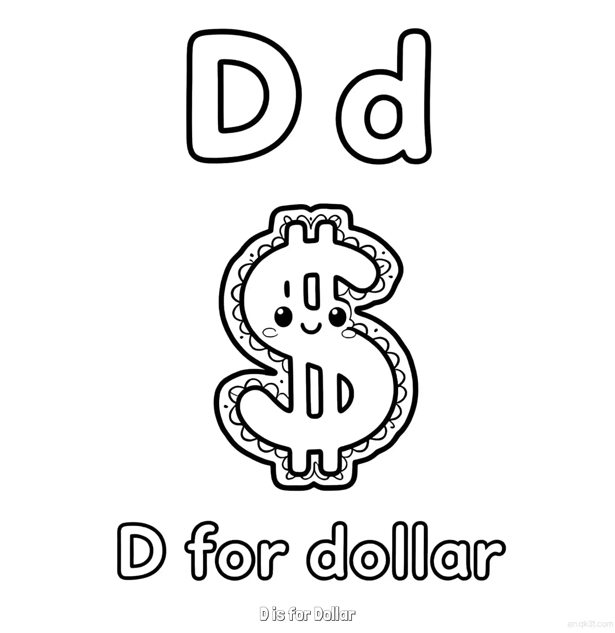 免费 D代表美元 简笔画 素描 涂鸦 - 免费可打印认识英文字母 下载PDF 简笔画涂色页