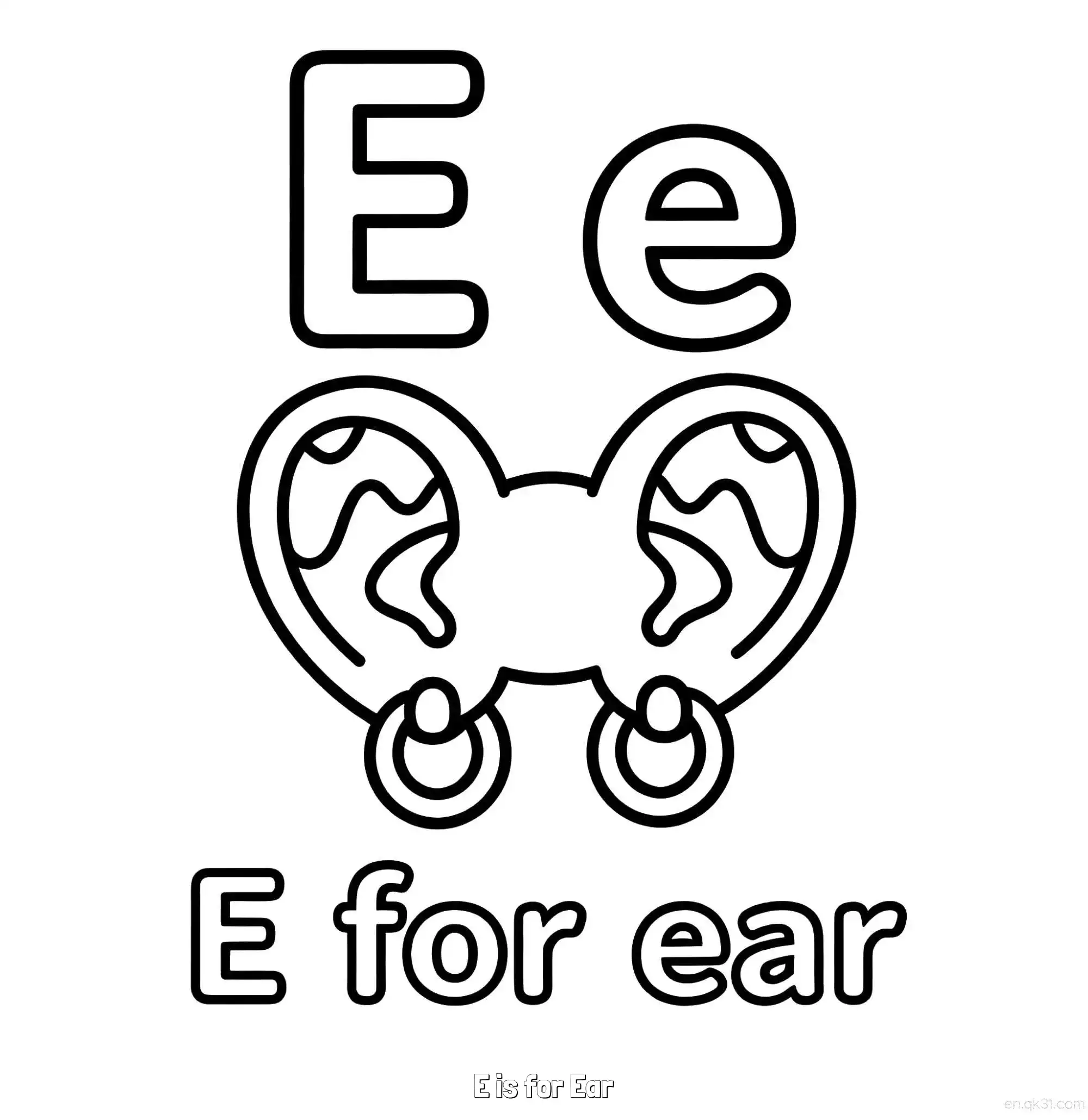 免费 E代表耳朵 简笔画 素描 涂鸦 - 免费可打印认识英文字母 下载PDF 简笔画涂色页
