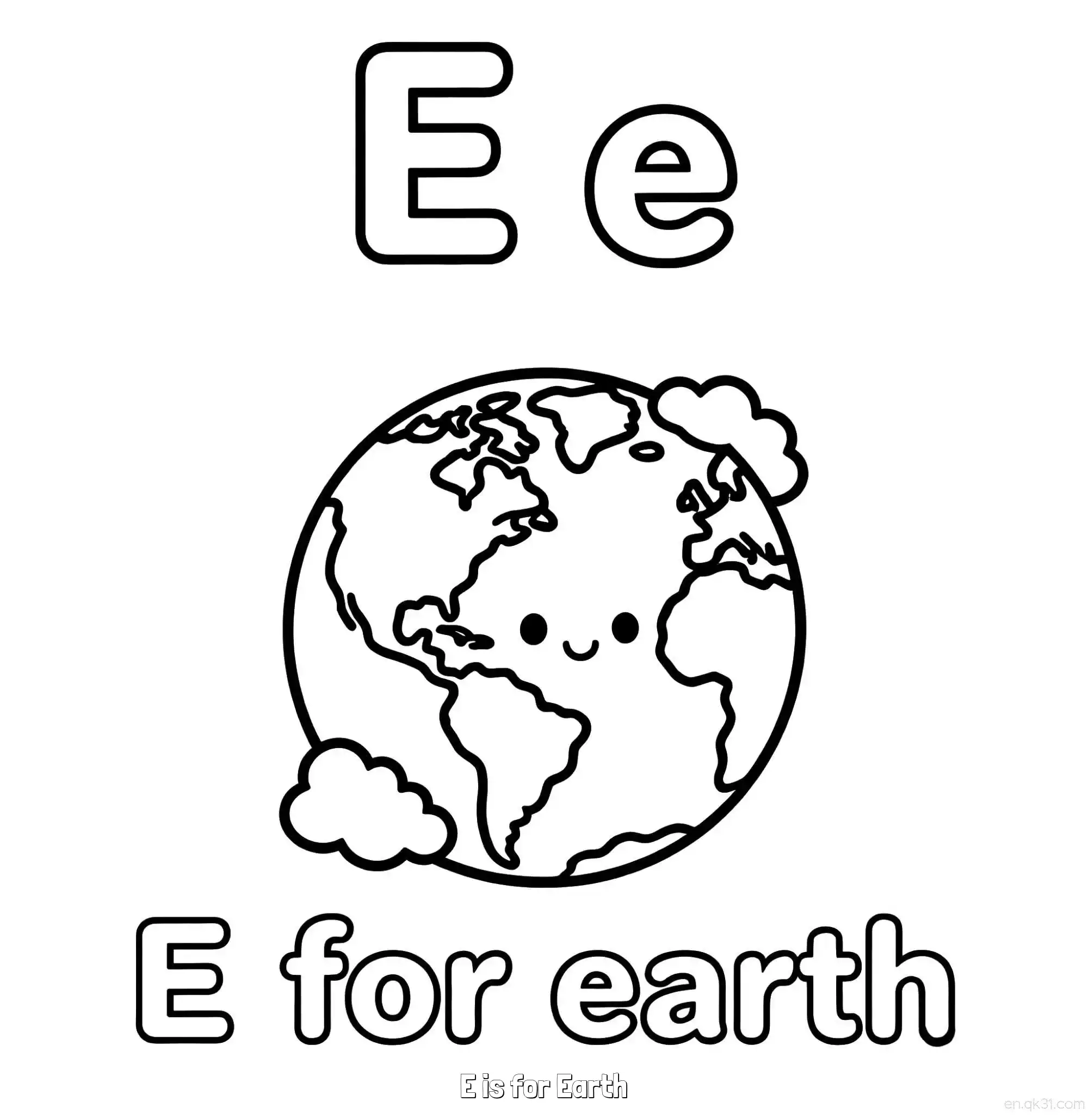 免费 E代表地球 简笔画 素描 涂鸦 - 免费可打印认识英文字母 下载PDF 简笔画涂色页