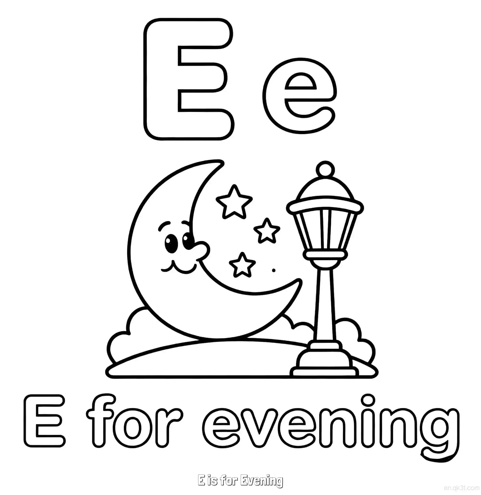 免费 E代表晚上 简笔画 素描 涂鸦 - 免费可打印认识英文字母 下载PDF 简笔画涂色页