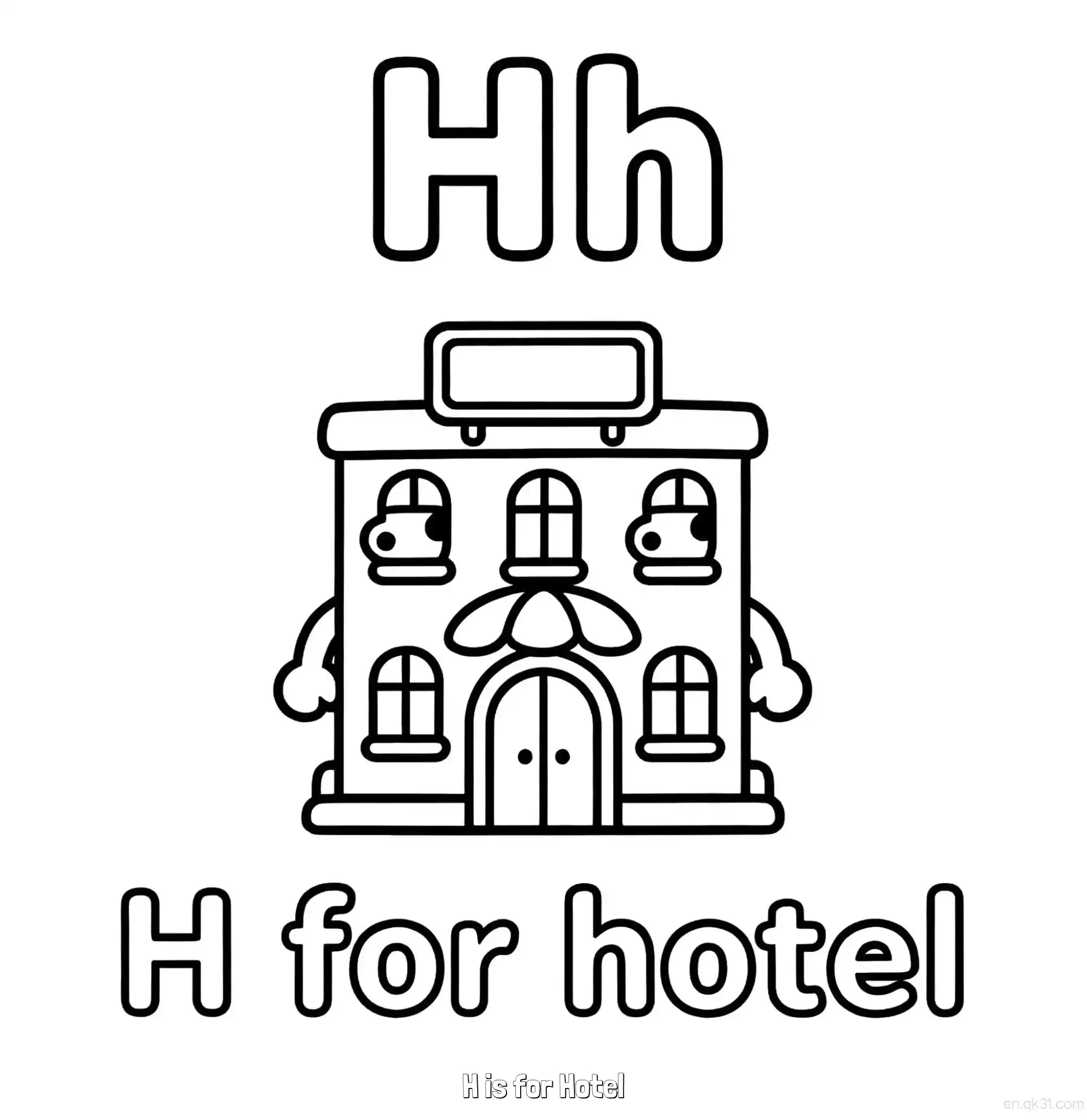 免费 H代表酒店 简笔画 素描 涂鸦 - 免费可打印认识英文字母 下载PDF 简笔画涂色页