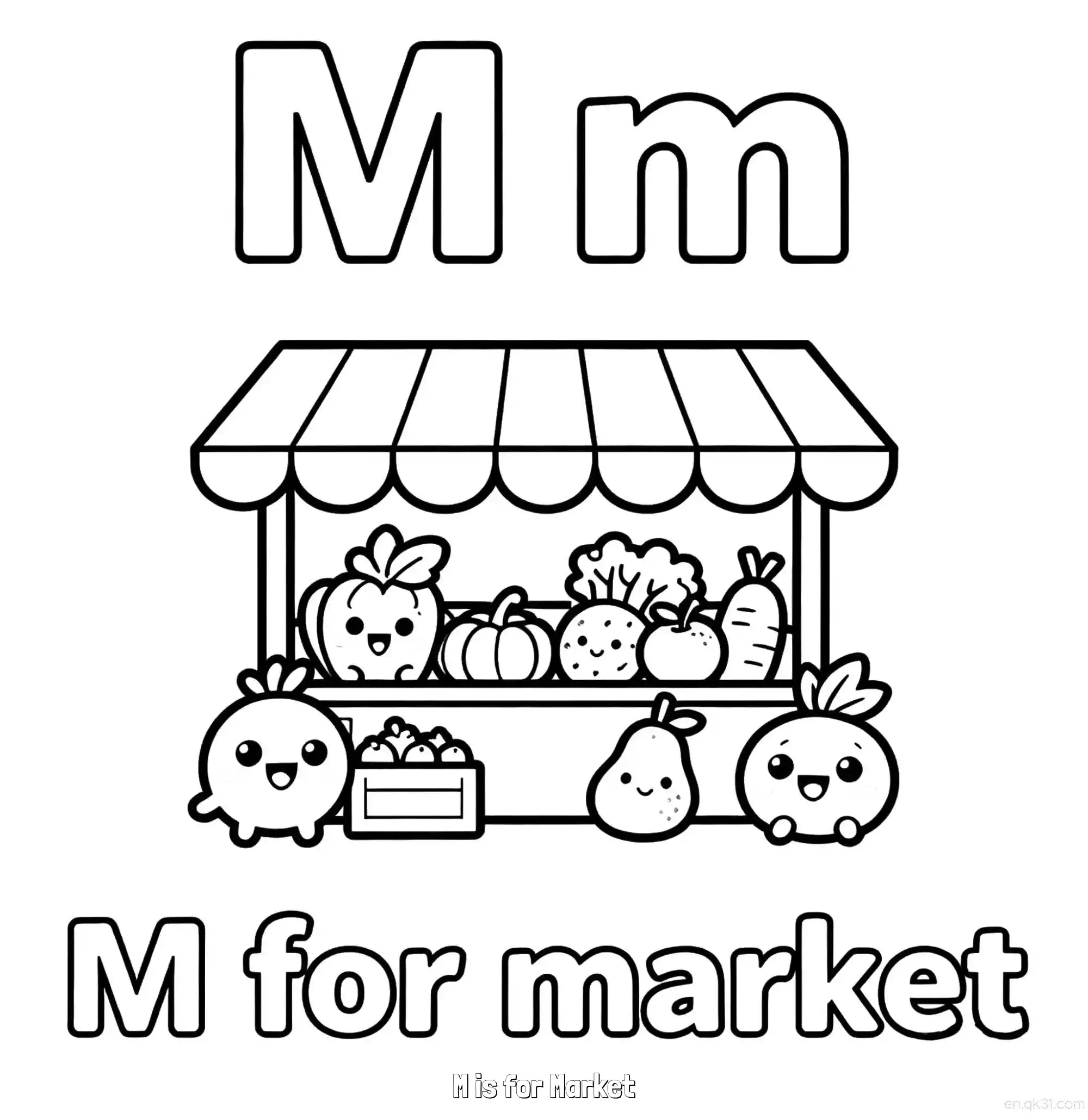免费 M代表市场 简笔画 素描 涂鸦 - 免费可打印认识英文字母 下载PDF 简笔画涂色页